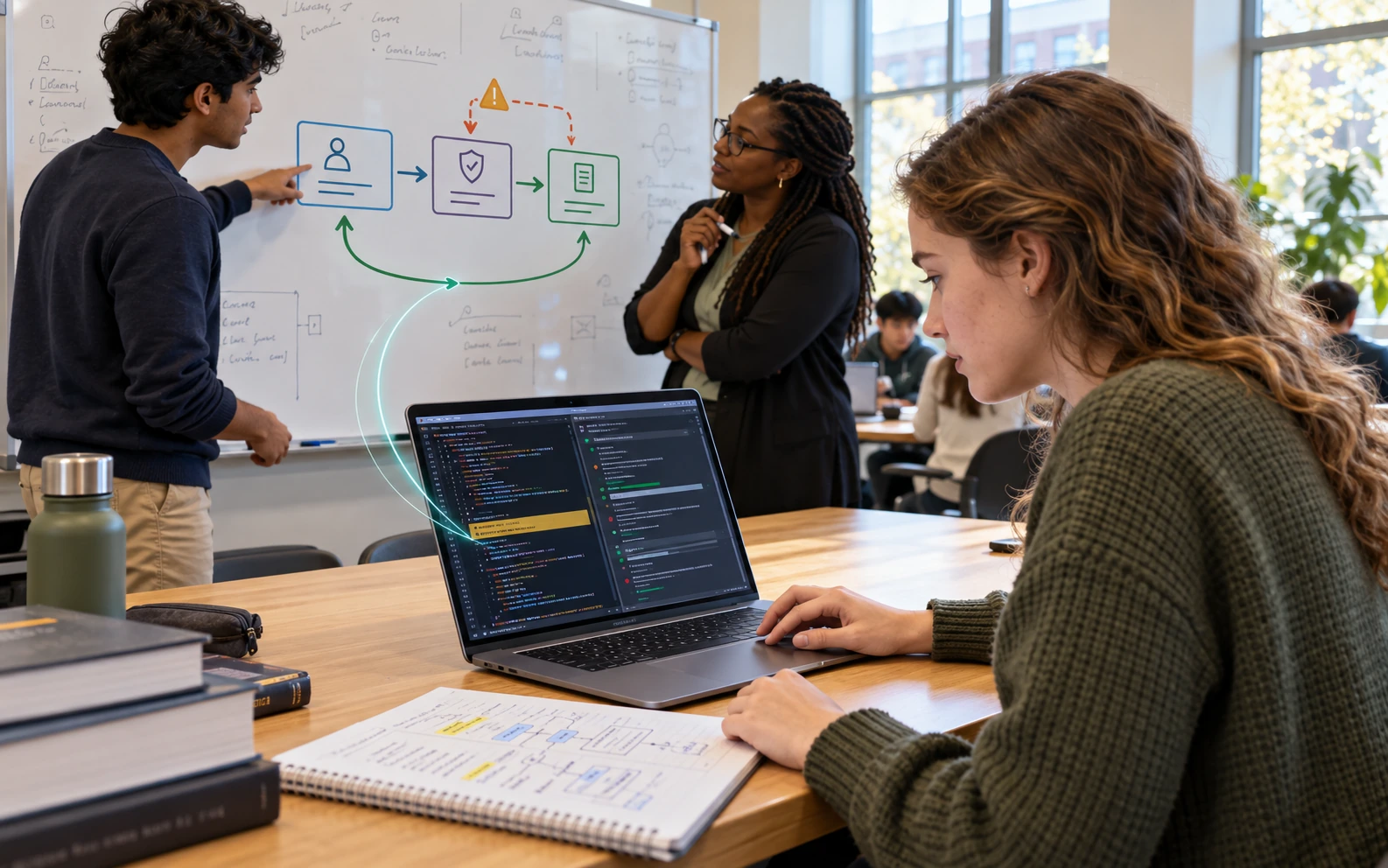 Zwei Universitätsentwickler und ihr Dozent untersuchen ein Beispiel einer kontrollierten Zugriffsprüfung an einem Computerlabor-Arbeitsplatz mit einem klaren Fix-and-Recheck-Diagramm auf einem Whiteboard in der Nähe