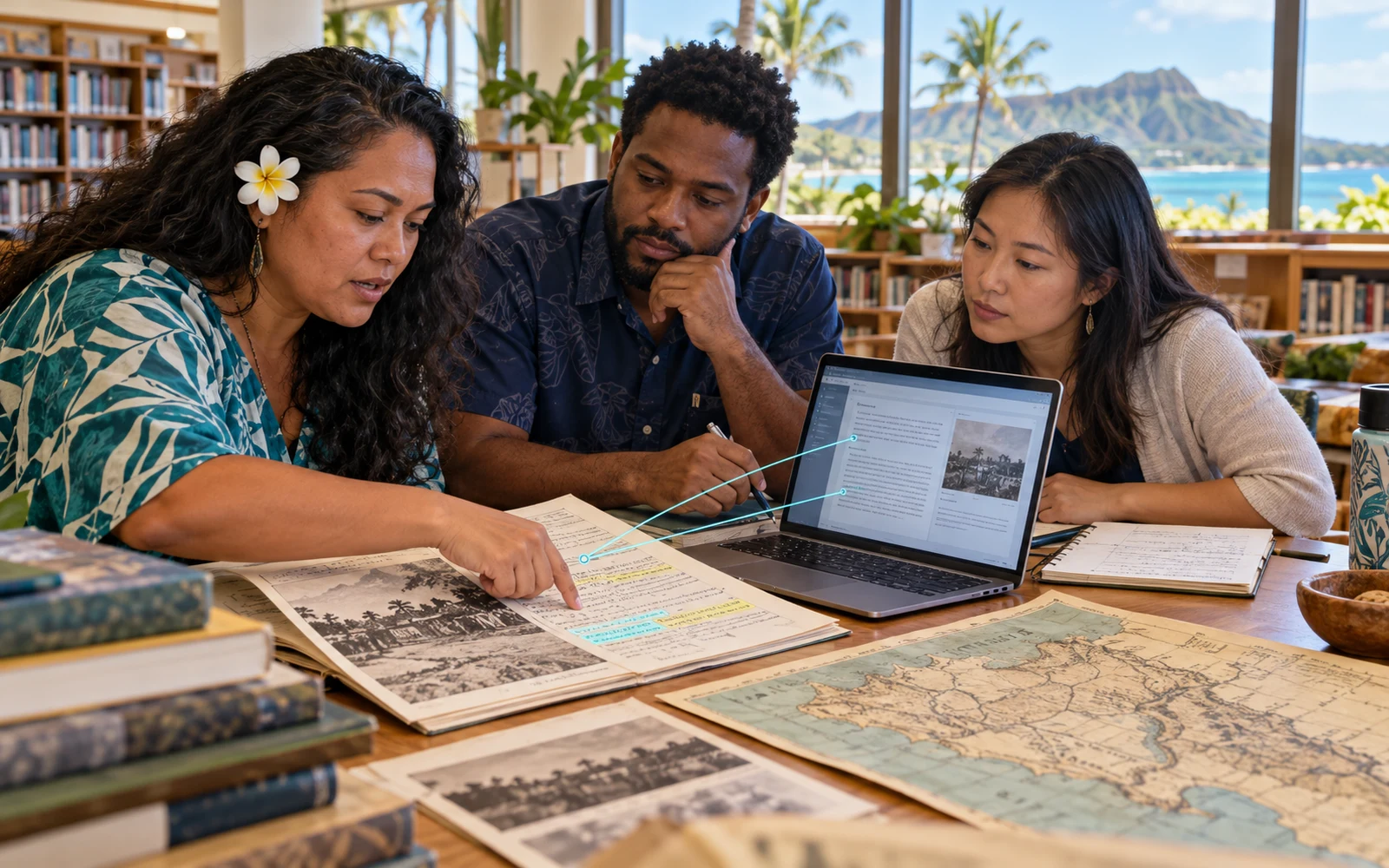 Illustrative scene of three educators comparing annotated historical sources, photographs and a map with a laptop, with sparse visual links between source passages.
