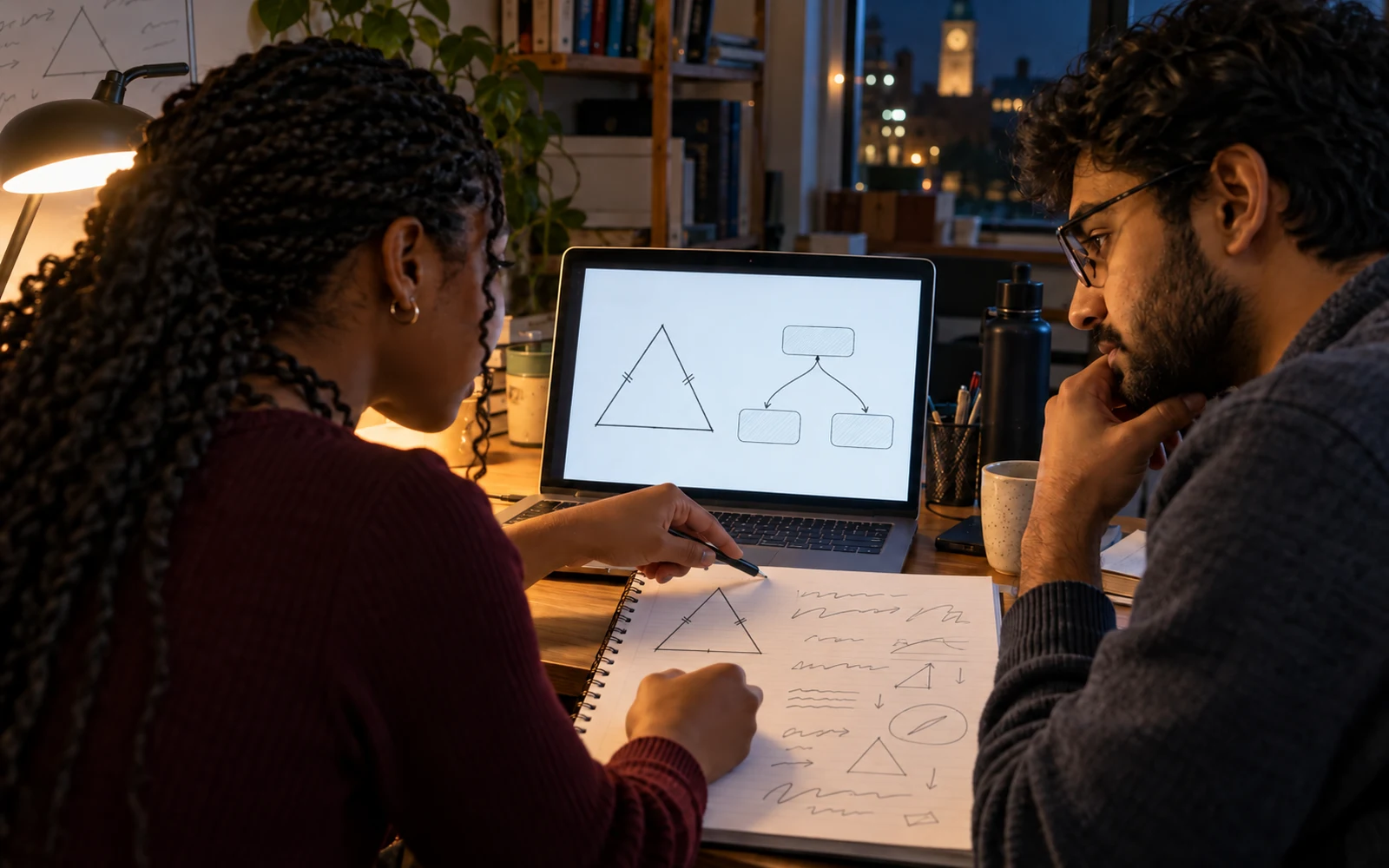 Illustrative scene of a learner and tutor comparing a handwritten triangle solution with a laptop showing a triangle and branching hint paths at an evening study desk.