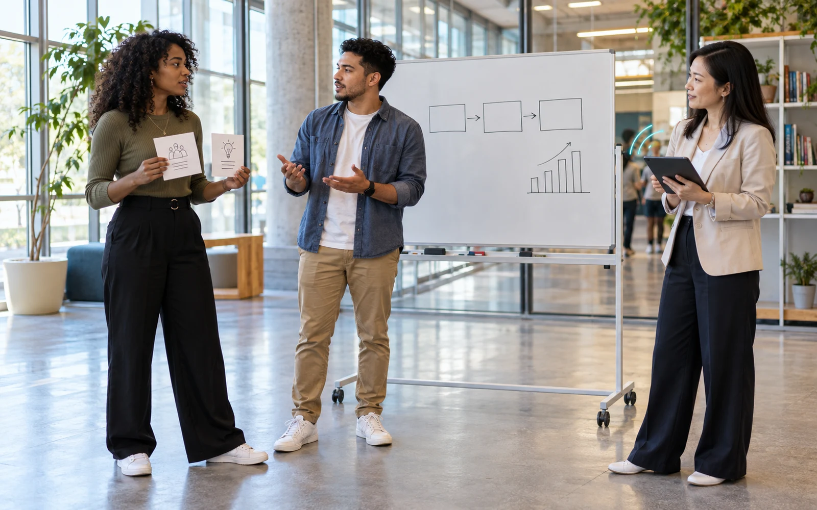 Illustrative scene of two learners rehearsing a workplace conversation beside a whiteboard flow diagram and bar chart while an educator reviews a tablet.