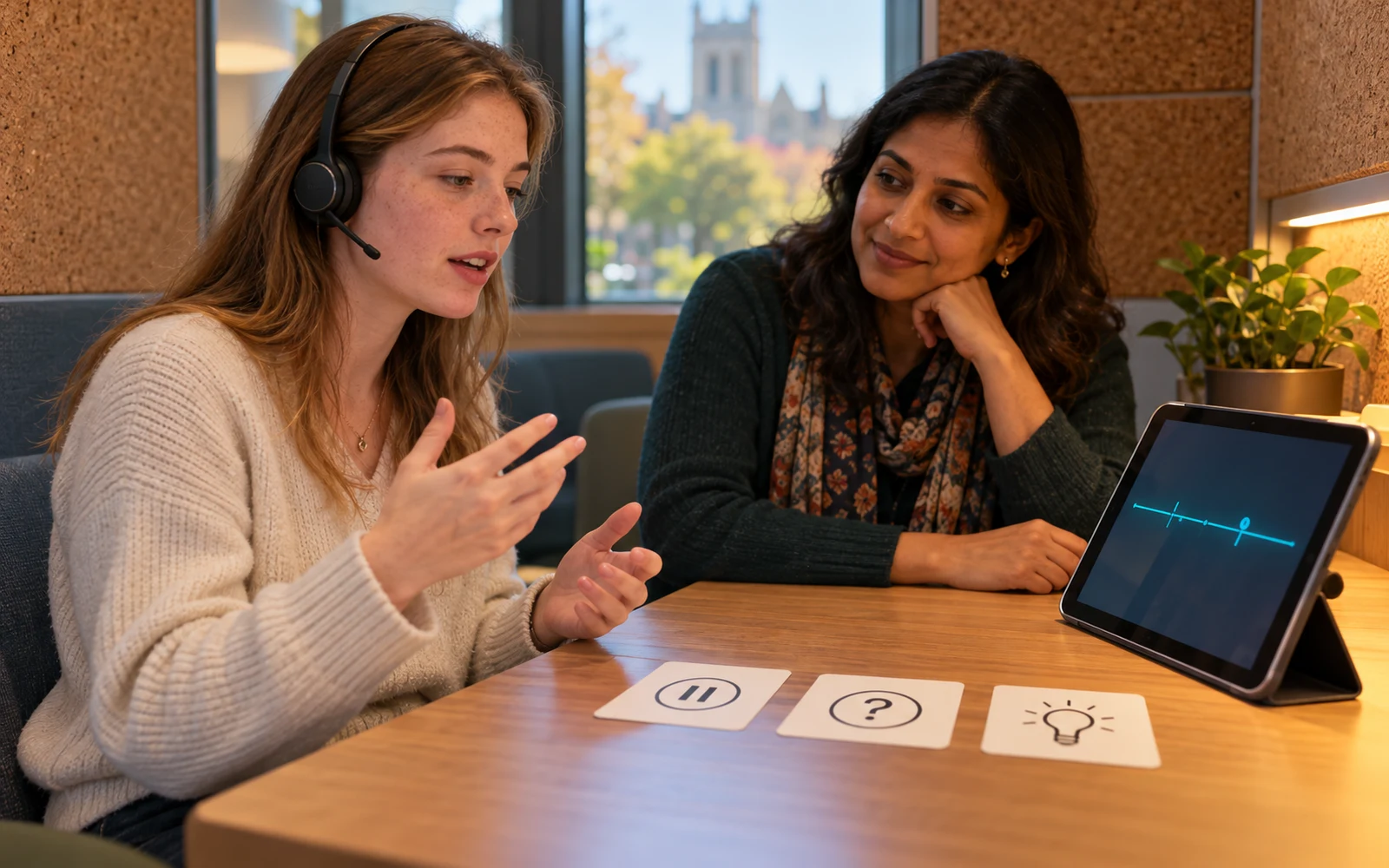 Illustrative scene of a learner speaking through a headset beside an educator, with pause, question and hint cards and a tablet on the desk.