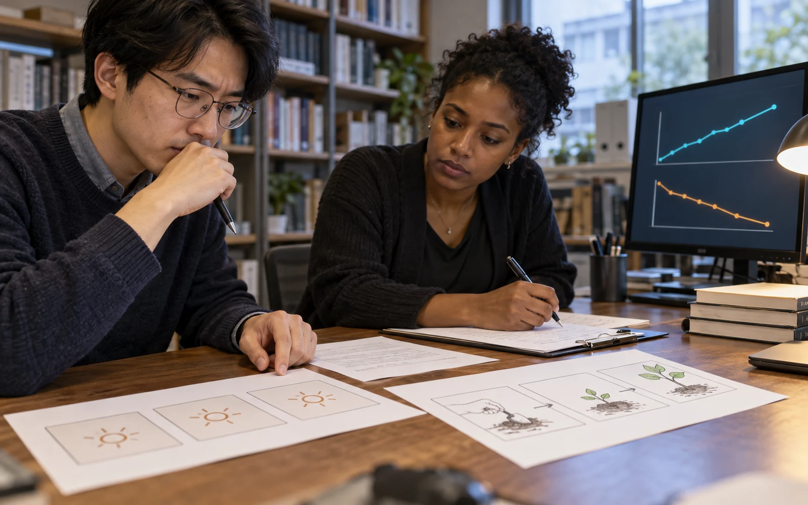 Illustrative research-review scene with two raters comparing repeated and progressive activity sequences beside a screen with one rising and one falling chart.