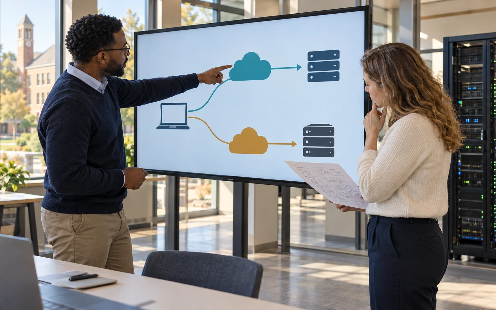 Illustrative scene of two colleagues comparing a diagram of two cloud-service routes from a laptop to separate server icons beside equipment racks.