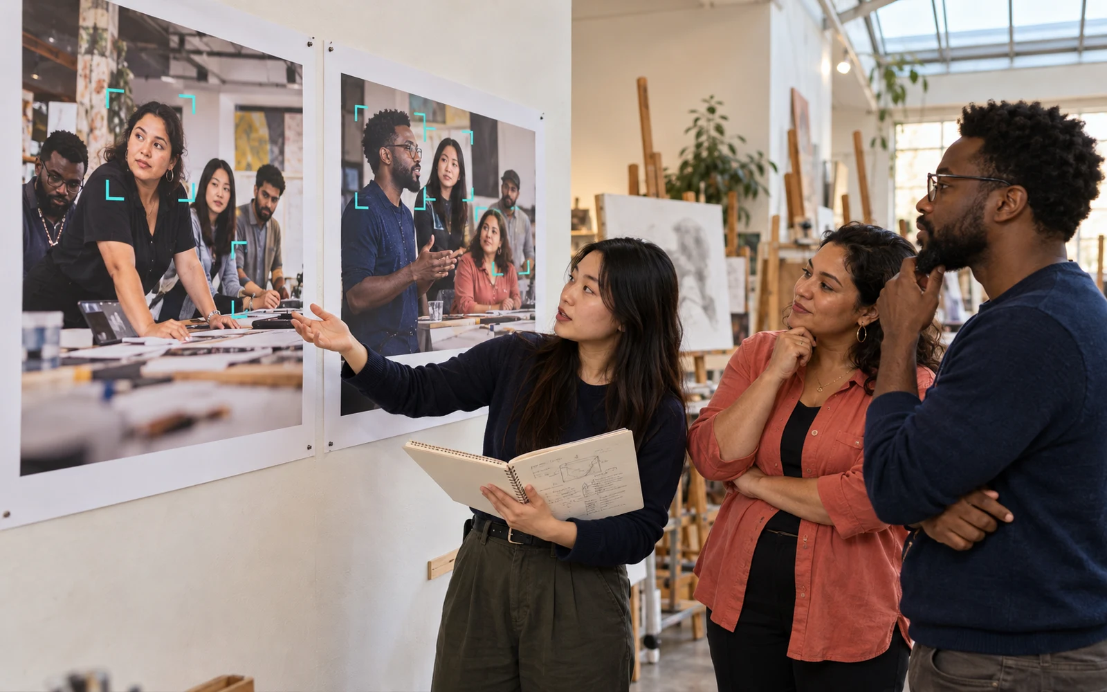 Illustrative scene of three people comparing two large prints of group interactions, using sparse visual markers and a sketchbook in an art studio.