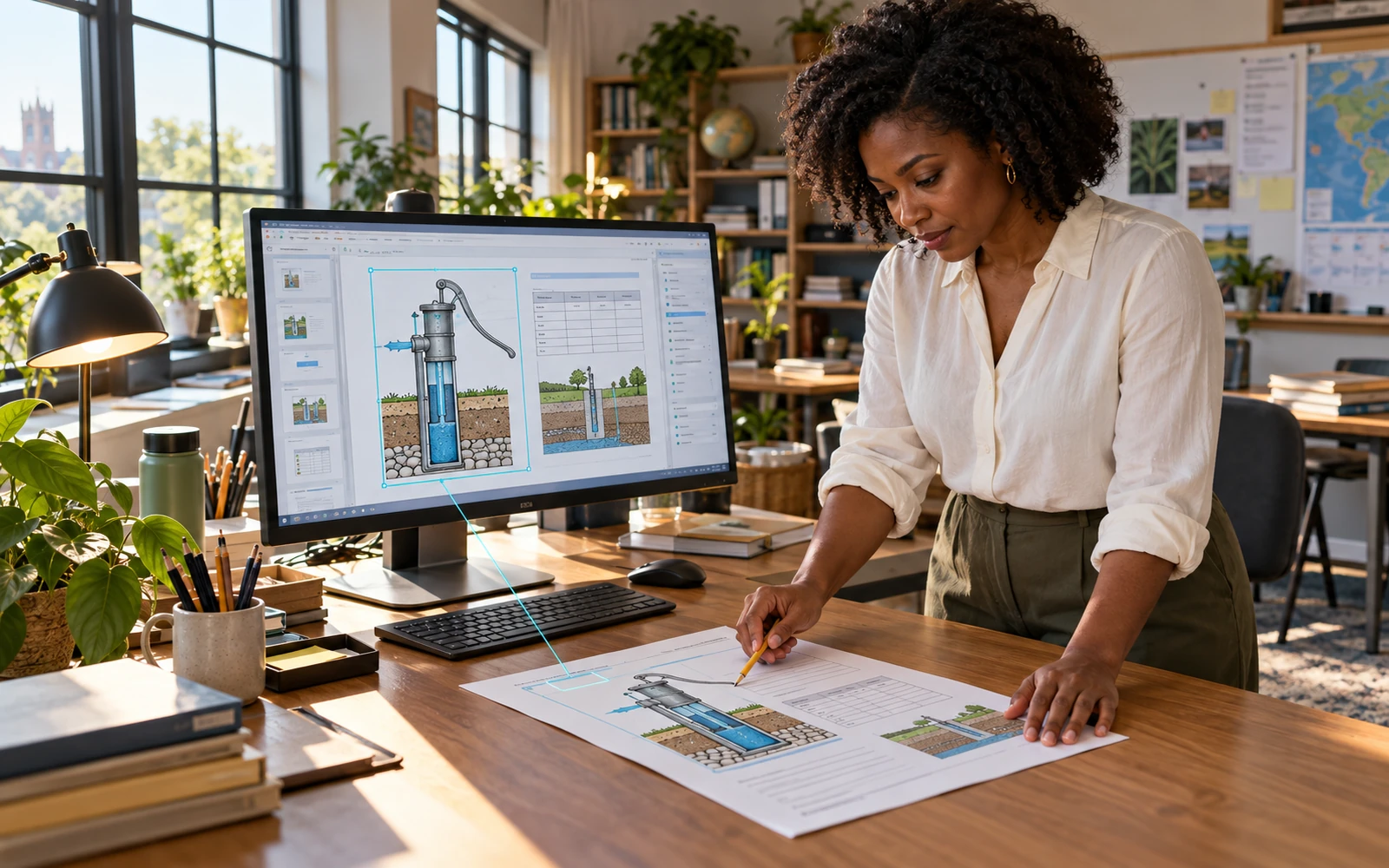 Illustrative photograph of an educator reviewing a diagram and an editable lesson handout on a large monitor in a bright planning studio.