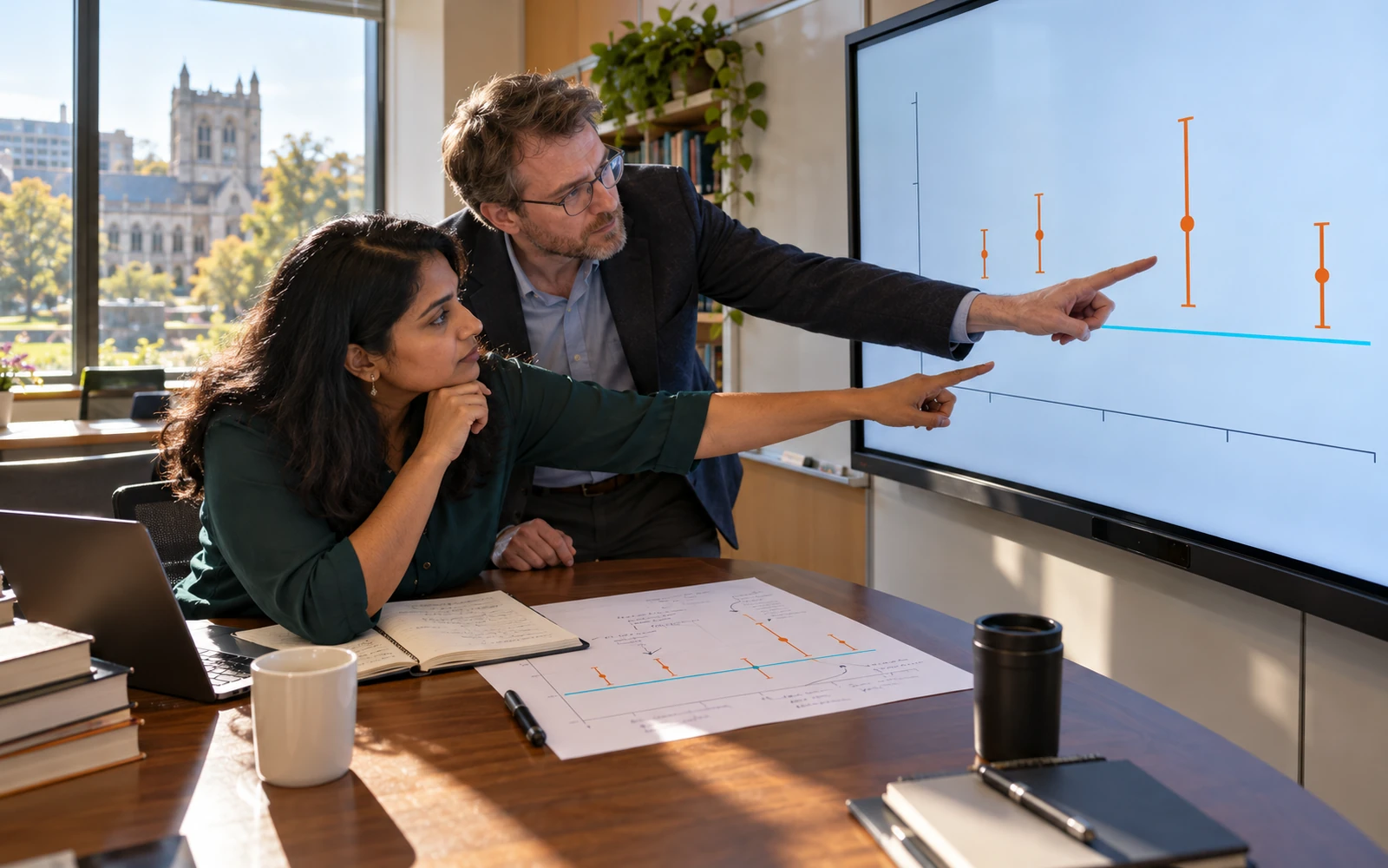 Illustrative photograph of two educators examining a simple prediction baseline and uneven error bars on a seminar-room display.