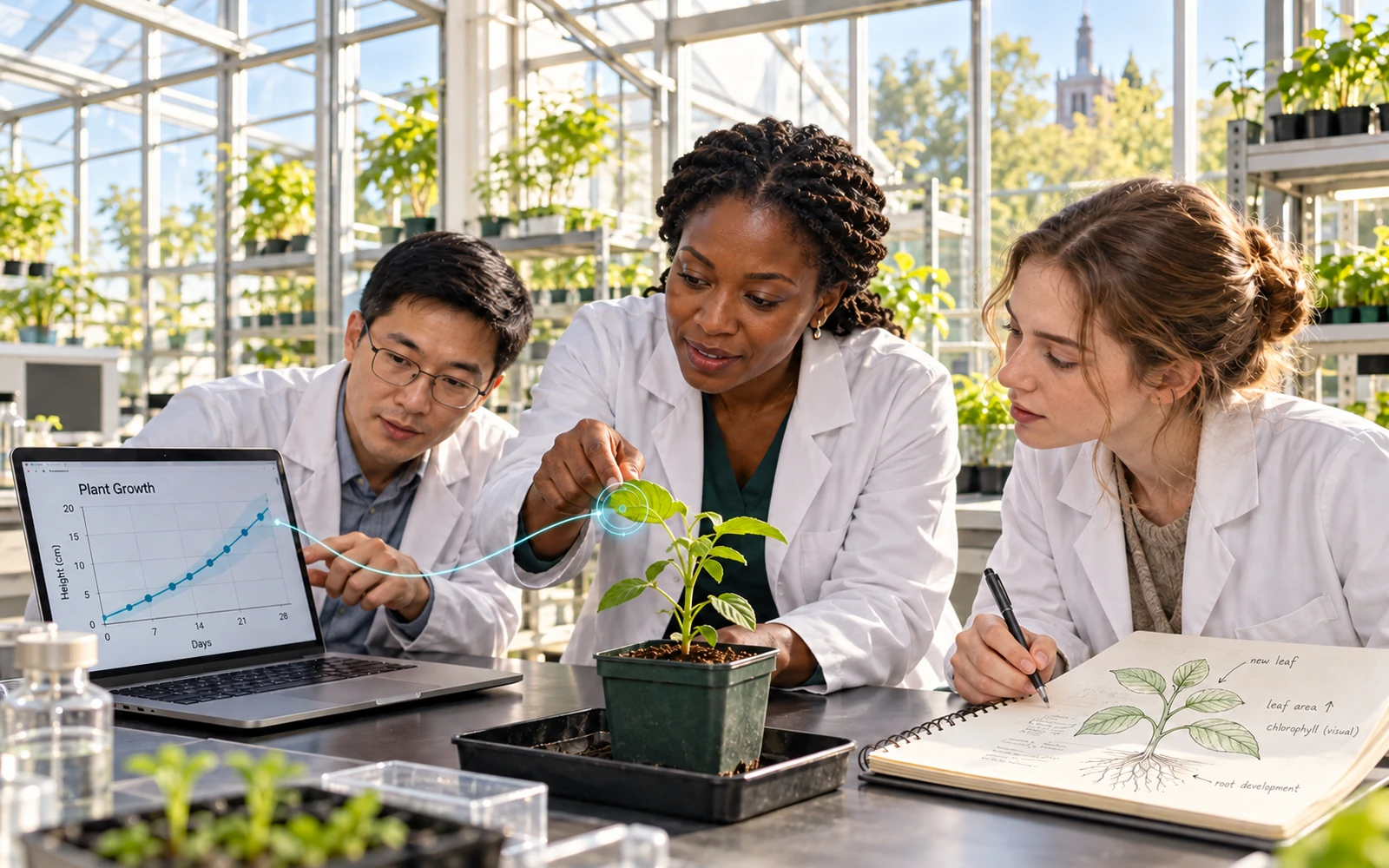 Illustrative photograph of a diverse university research group reviewing a plant-science experiment and an open analysis notebook in a bright laboratory.