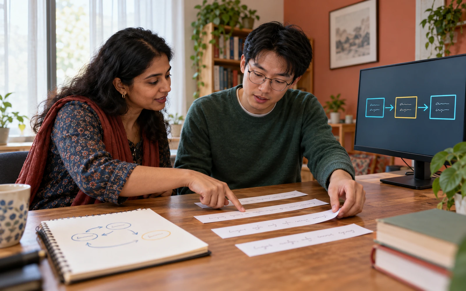 Illustrative photograph of a language teacher and learner arranging sentence cards while a sparse sequence of revision steps appears on a nearby display.