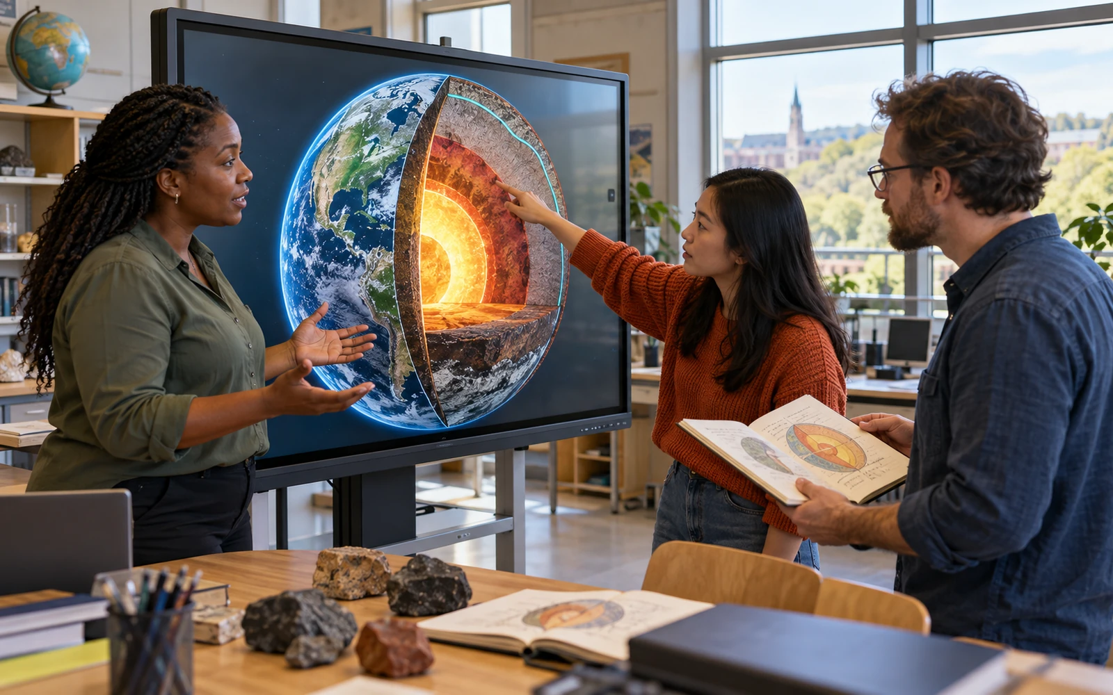 Illustrative photograph of a teacher and two learners exploring a layered cutaway of the Earth on a classroom display, with a matching student sketch.