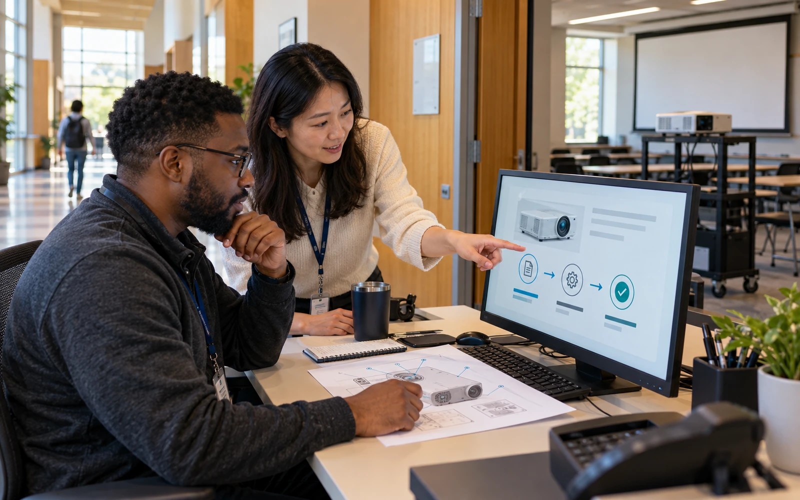 Illustrative photograph of campus support staff reviewing a classroom-equipment service ticket and a permissioned action flow on a workstation.