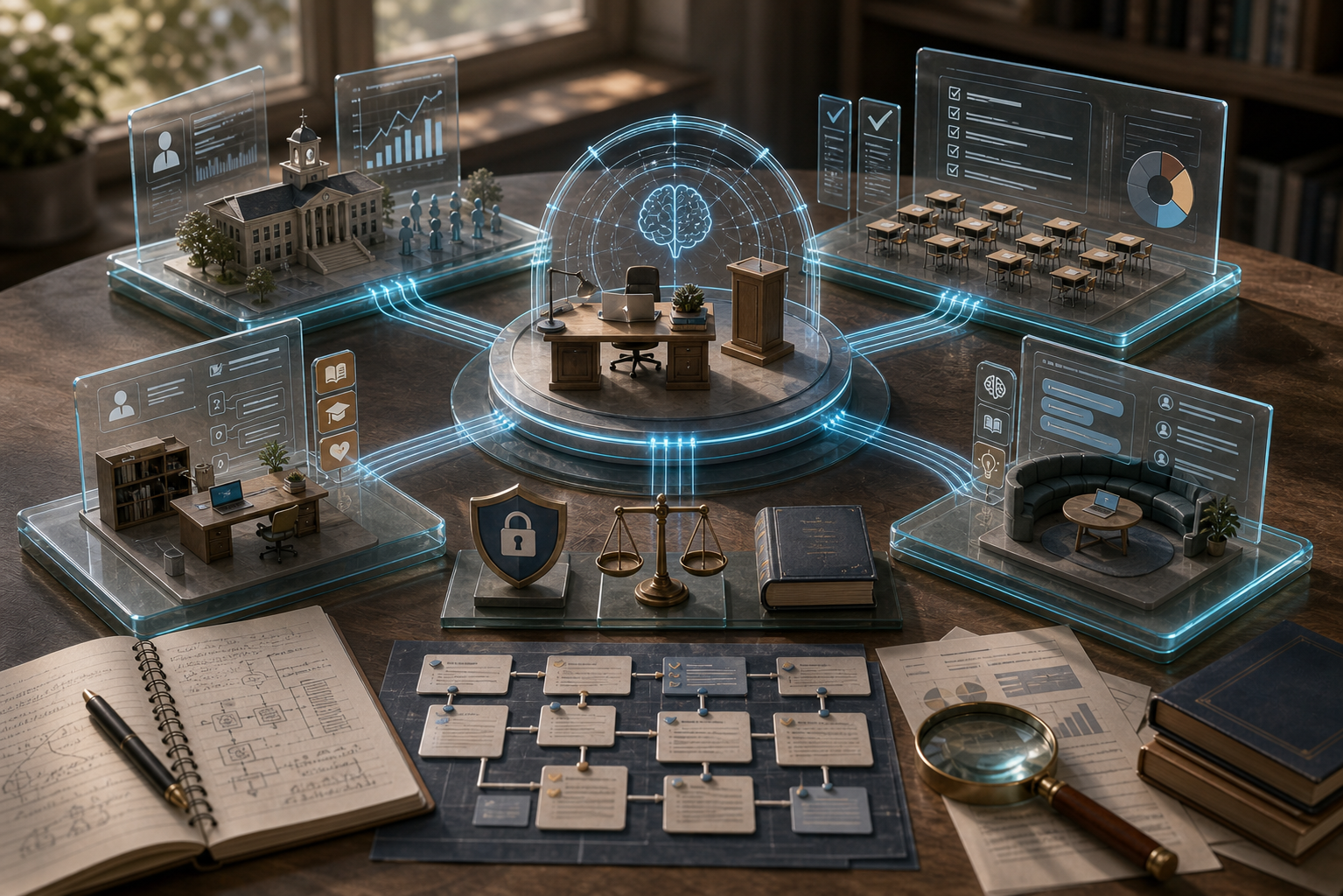 Premium tabletop illustration of AI in higher education organized around educator agency, pedagogy, prediction, assessment, personalization, tutoring, and ethics.