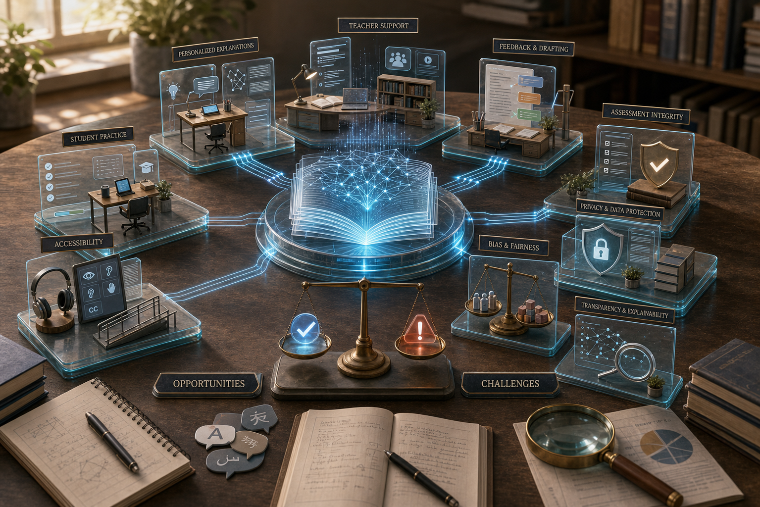 Premium tabletop illustration of large language models in education balancing personalized support, teacher workflows, assessment, accessibility, privacy, bias, and transparency.