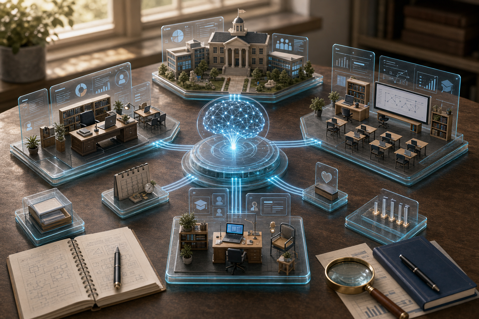 Premium tabletop illustration of AI in education spanning administration, teacher instruction, student learning, feedback, scheduling, and adaptive pathways.
