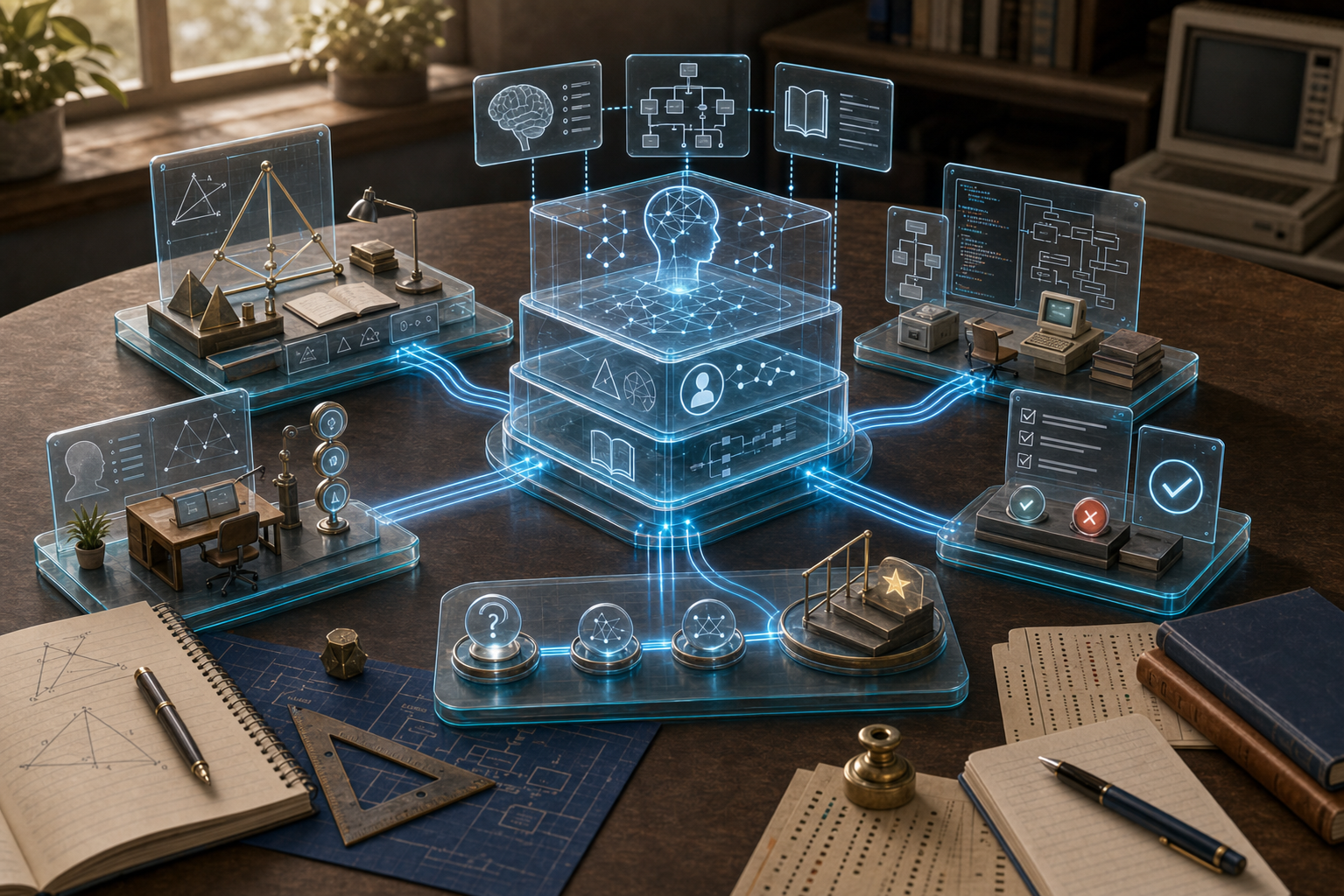 Premium tabletop illustration of classic intelligent tutoring architecture with domain models, learner models, pedagogical rules, feedback, and mastery progression.