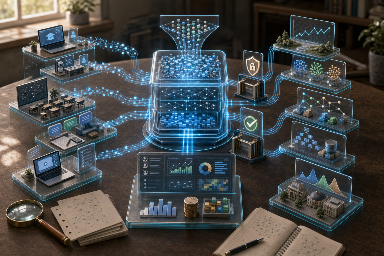 Premium tabletop illustration of educational data mining turning learning traces from platforms, tutors, classrooms, assessments, and forums into interpretable evidence.