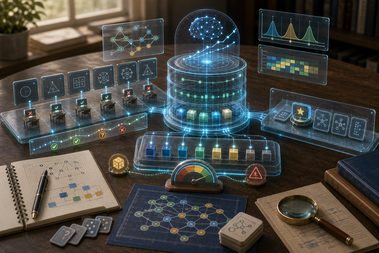 Premium tabletop illustration of knowledge tracing with hidden skill components, practice attempts, uncertainty, mastery updates, and adaptive next steps.