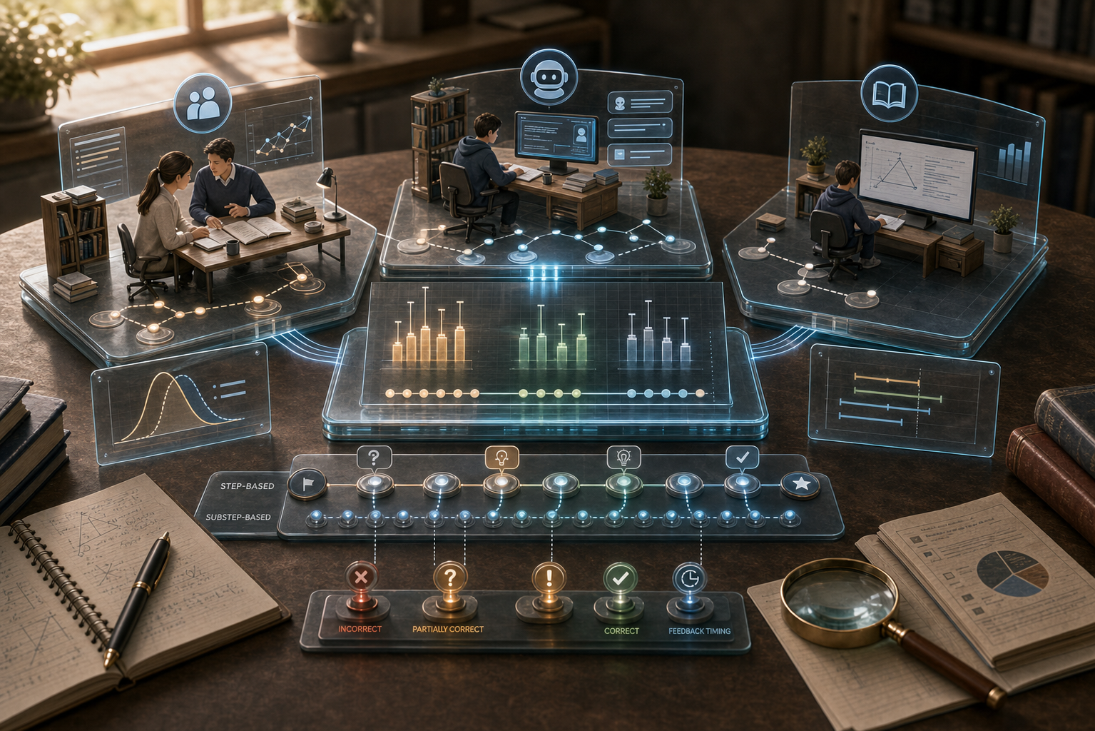 Premium tabletop illustration comparing human tutoring, intelligent tutoring systems, noninteractive instruction, feedback granularity, and learning outcome evidence.