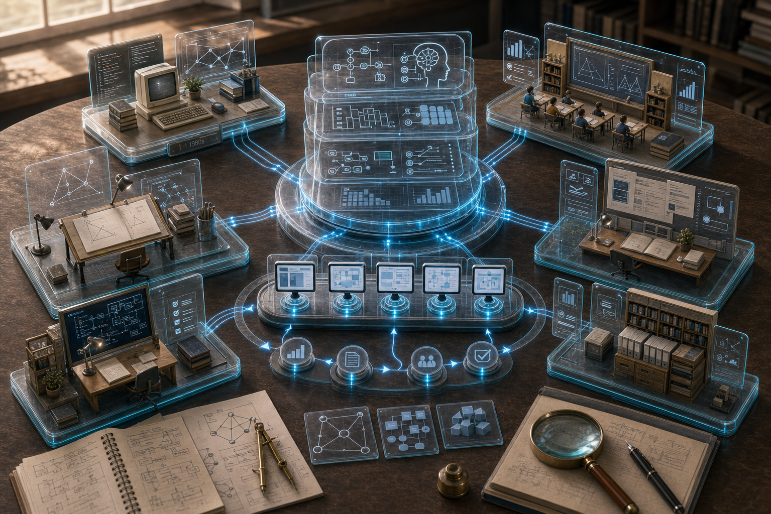 Premium tabletop illustration of cognitive tutor development through cognitive models, model tracing, interface design, classroom use, and evidence cycles.