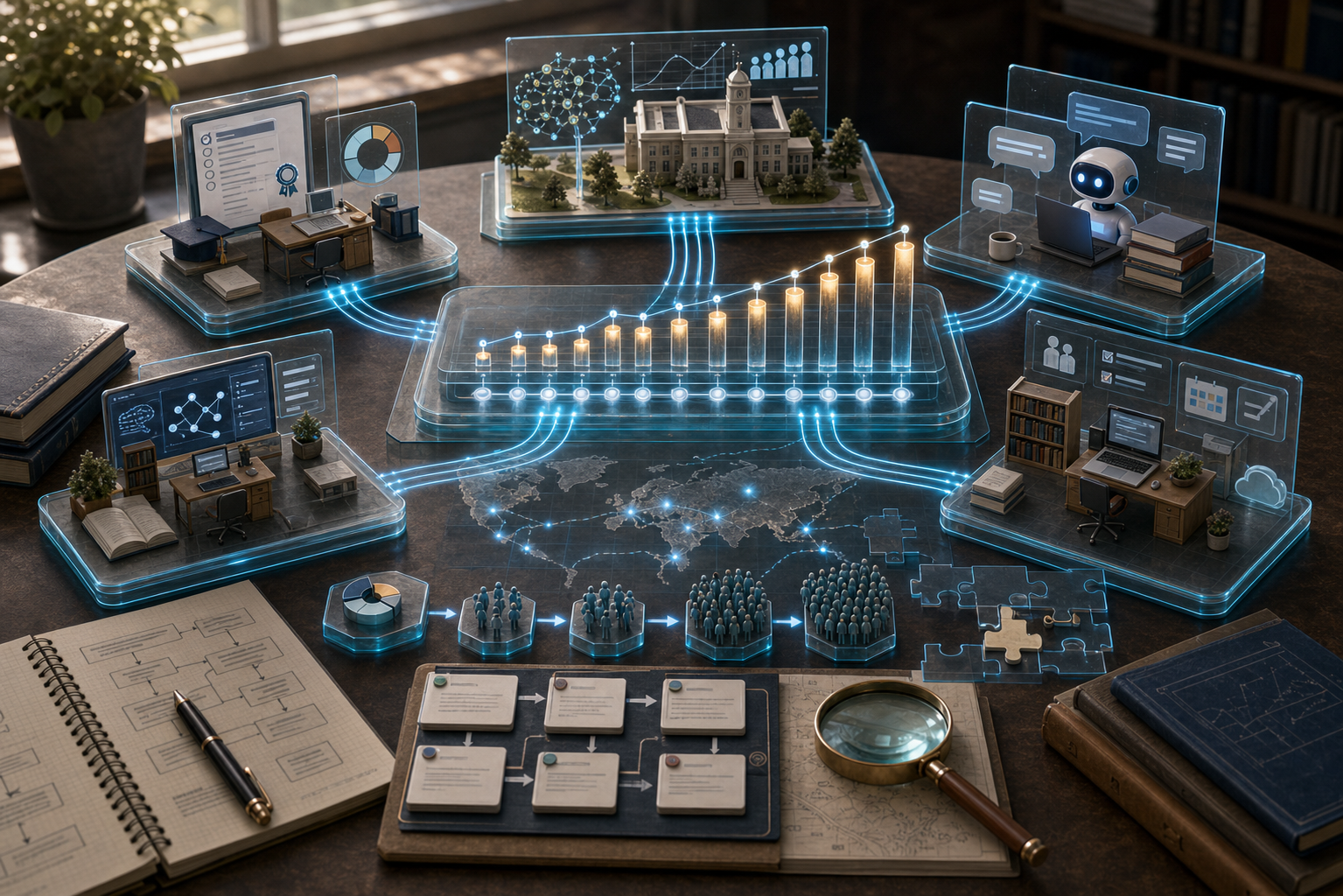 Premium tabletop illustration of the higher education AI research landscape with publication growth, assessment, prediction, AI assistants, tutoring, and learning management.