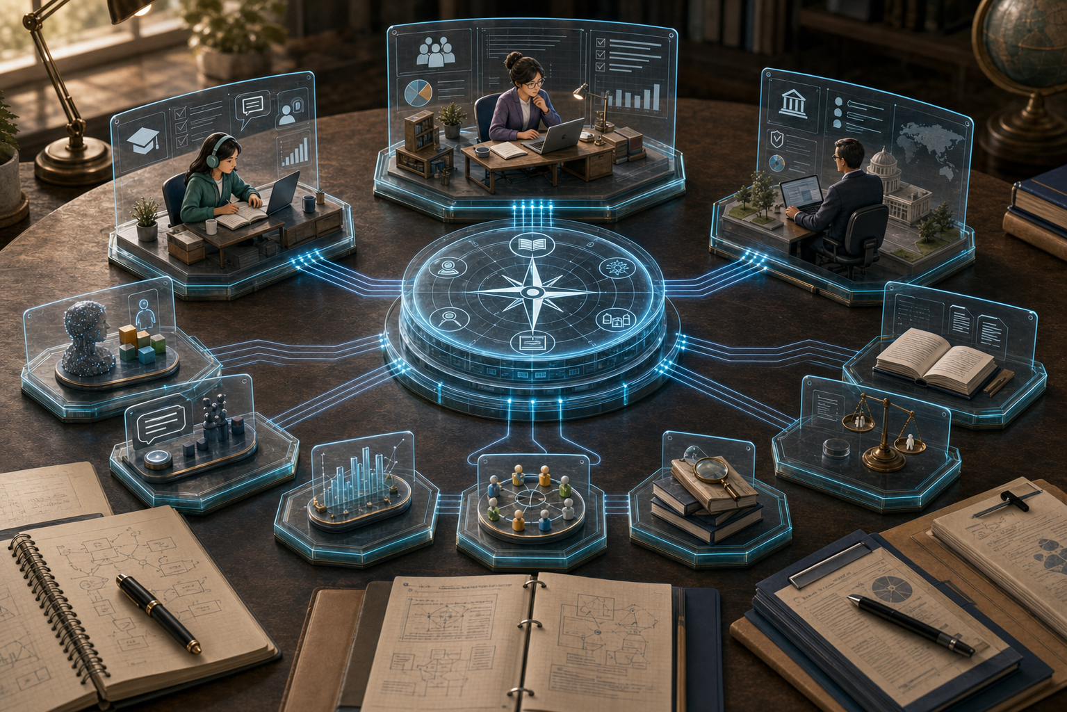 Premium tabletop illustration of an AIED field agenda connecting student support, teacher support, decision making, assessment, analytics, ethics, and interdisciplinary design.