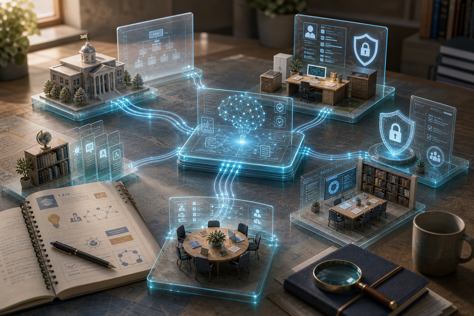 Premium tabletop illustration of a secure teacher AI workspace with lesson planning, collaboration, privacy controls, multilingual materials, and professional learning.