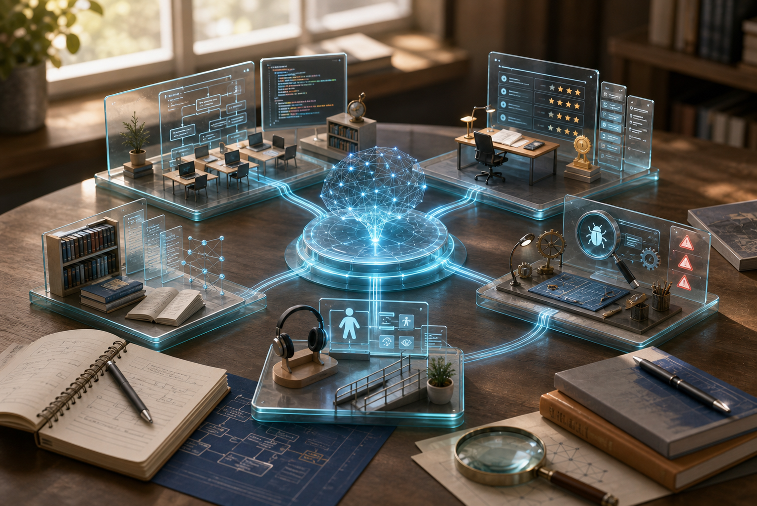 Premium tabletop illustration of generative AI programming education with coding practice, assessment integrity, debugging, accessibility, and curriculum safeguards.