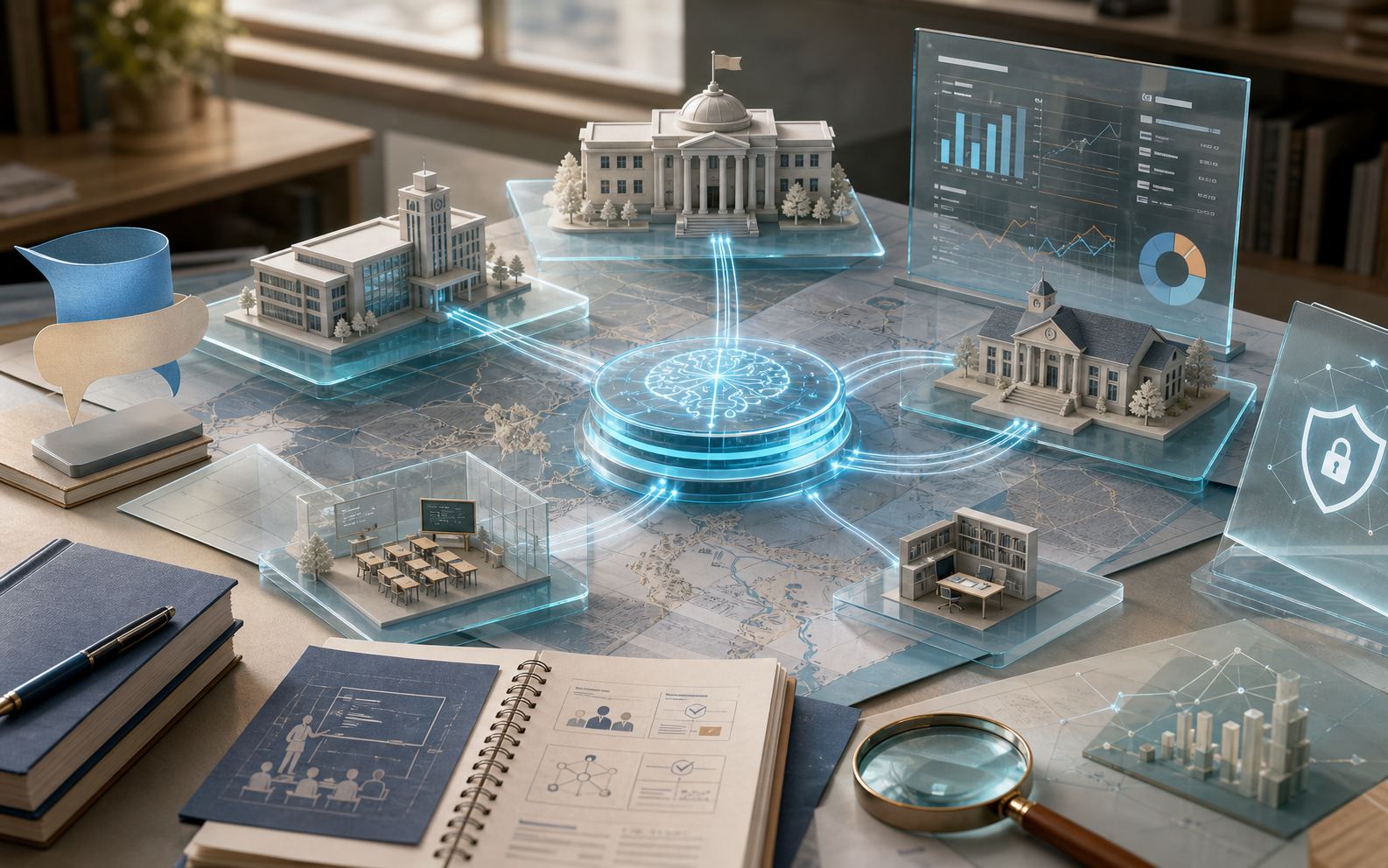 Premium editorial illustration of national ChatGPT Education deployment through institutions, teacher training, localization, evidence measurement, and governance.