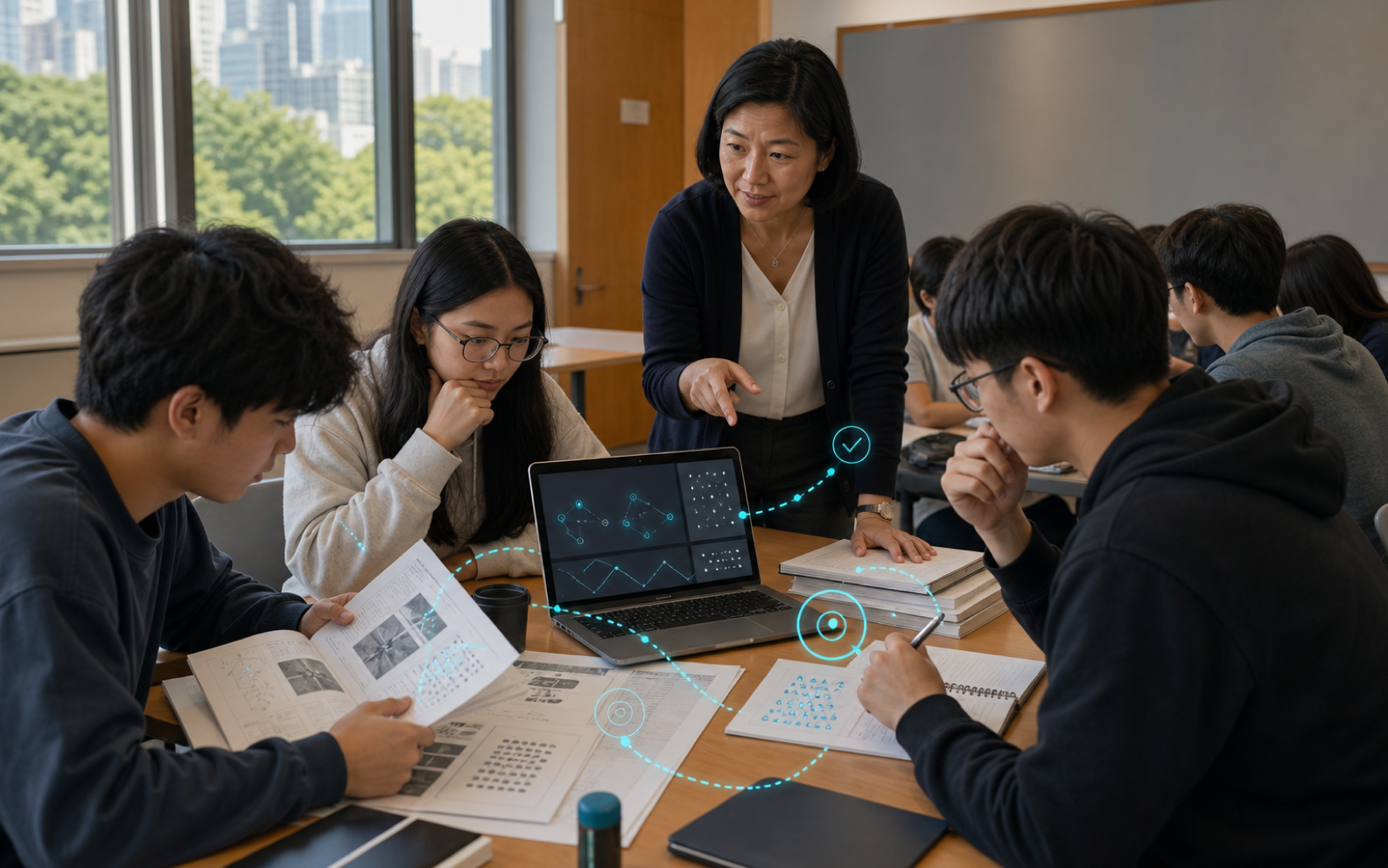 Science-editorial scene of learners and educators directing agentic AI workflows with planning, research, review, and human oversight.