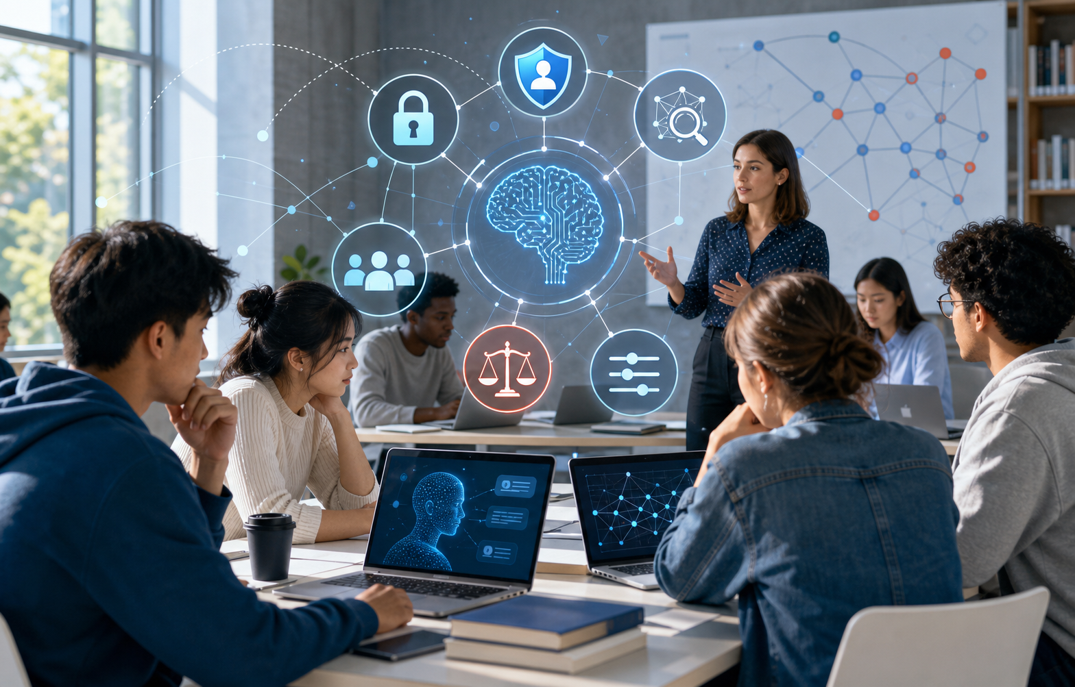Editorial classroom scene showing students evaluating generative AI adoption through privacy, explainability, trust, social influence, and academic integrity.