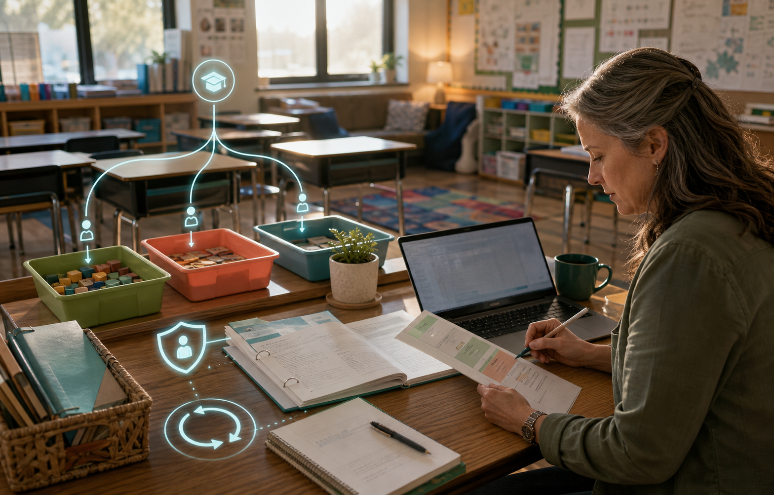 A teacher plans a standards-aligned lesson with differentiated activity materials, privacy safeguards, and scheduled AI support in an empty K-12 classroom.