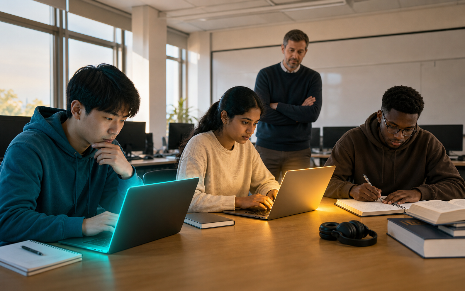 University programming students work with scaffolded AI, unrestricted AI, and conventional resources while a lecturer observes.