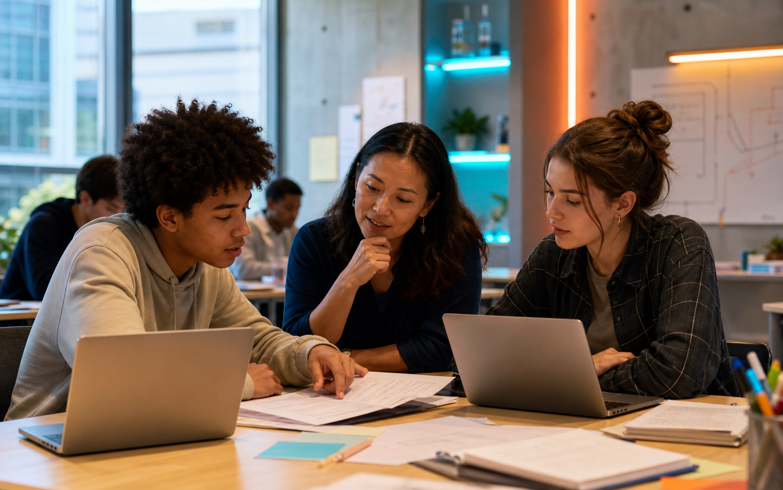 A teacher and learners review guided study, coding, and course-grounded learning activities while retaining human oversight.