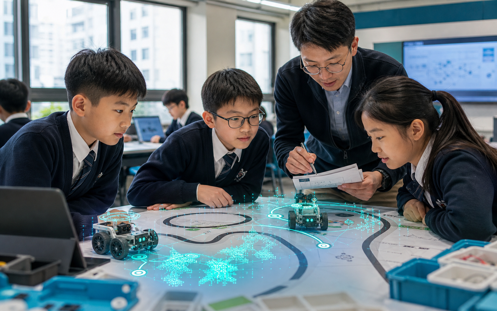 Primary learners compare robot training runs while a teacher connects their observations to supervised and reinforcement learning concepts.