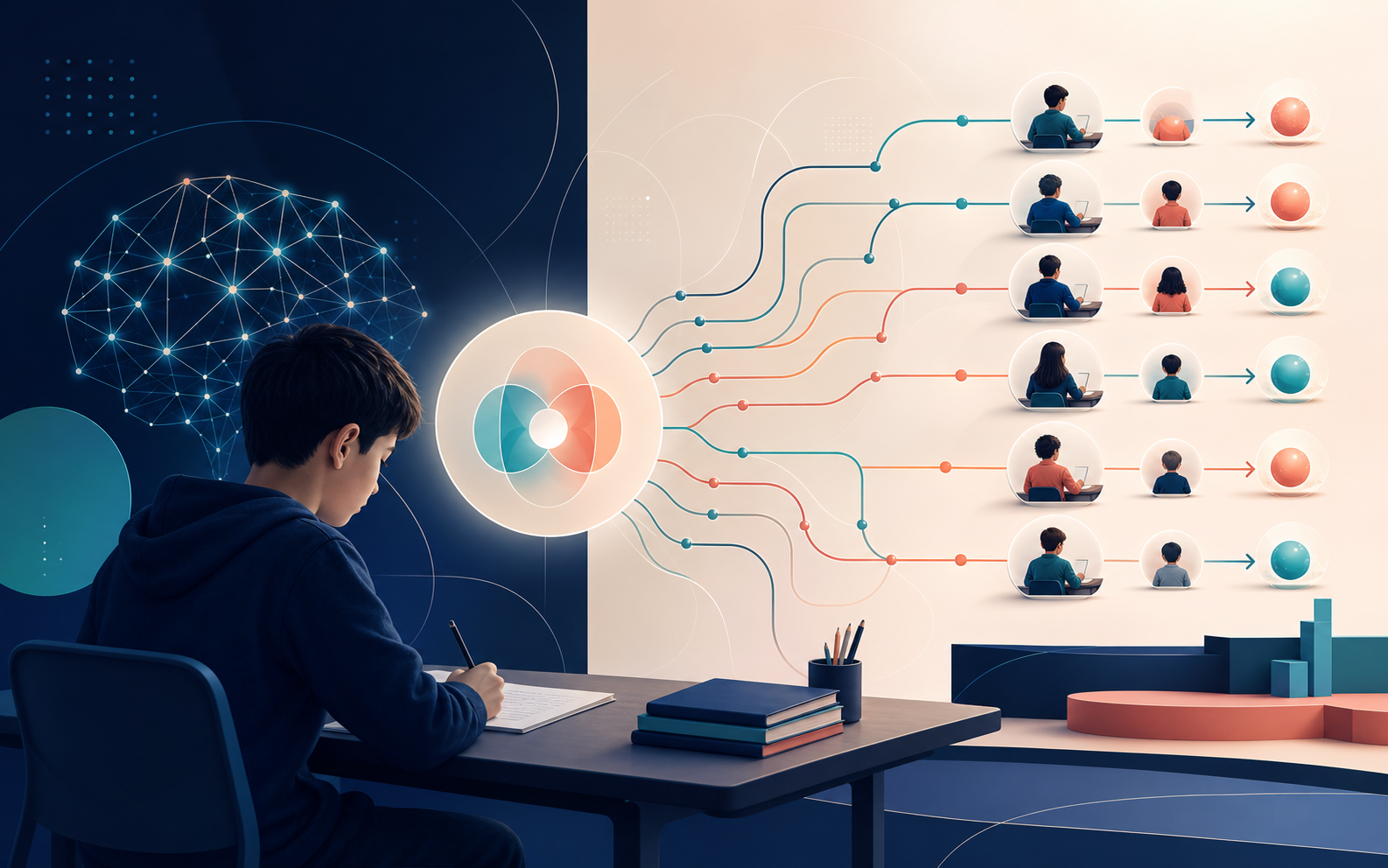 A misconception-targeted feedback pipeline links a student's incorrect mathematics answer to a concise hint, a new attempt, and a later problem.