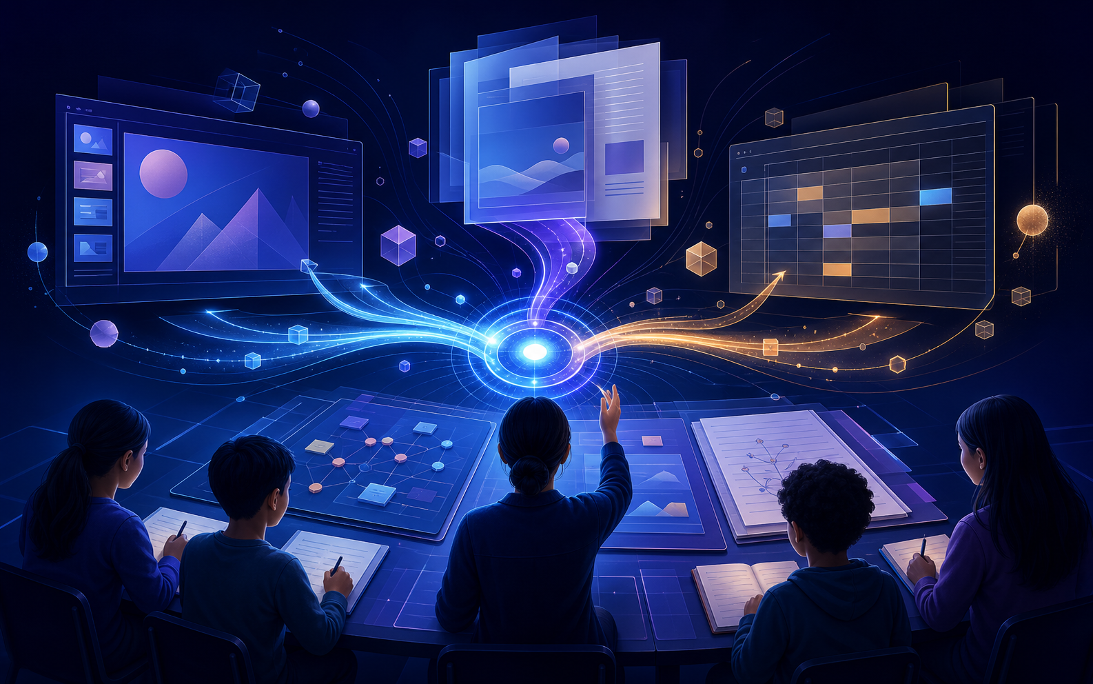 An educator checks source notes and authorship while a teaching team revises slides, documents, and a classroom activity across connected workspaces.