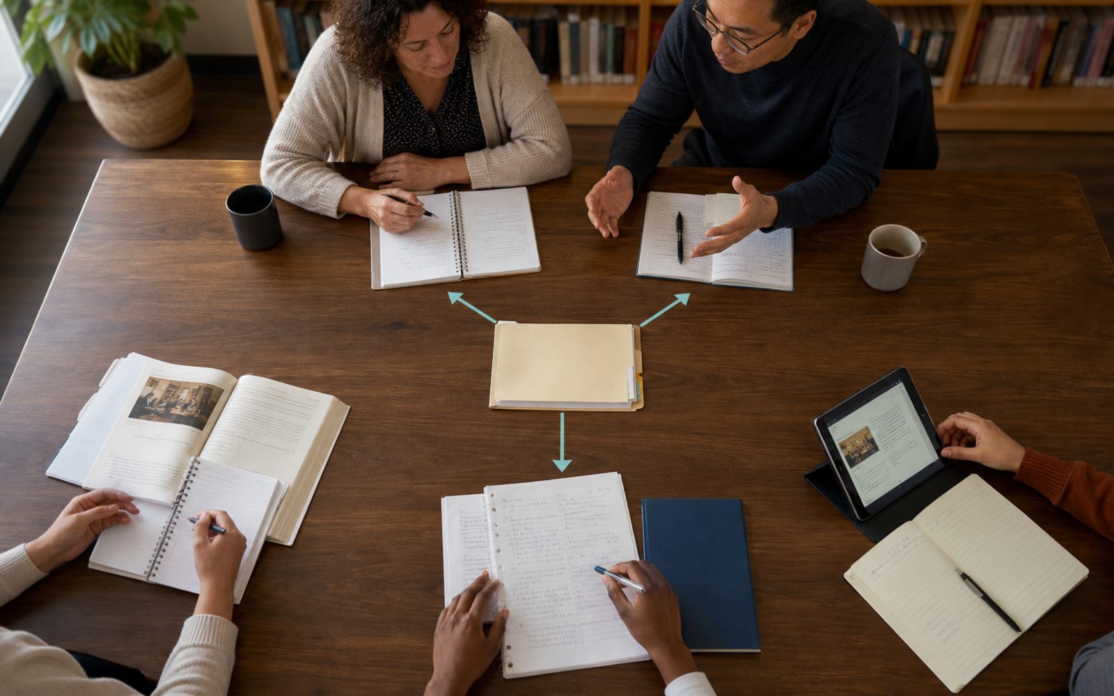 Overhead view of diverse educators and adult learners reviewing study papers around a central evidence folder, with three cyan arrows linking the shared comparison to separate activity stations.
