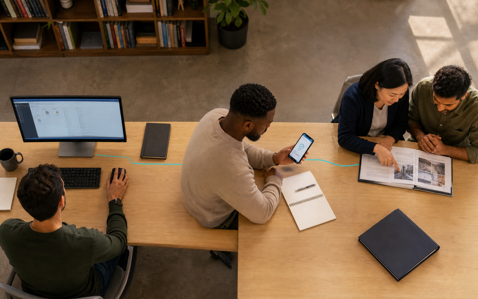 High-angle view of a Black adult learner reviewing a phone approval between a desktop workstation and an East Asian educator with a South Asian learner checking printed evidence; a closed folder remains off the cyan route.