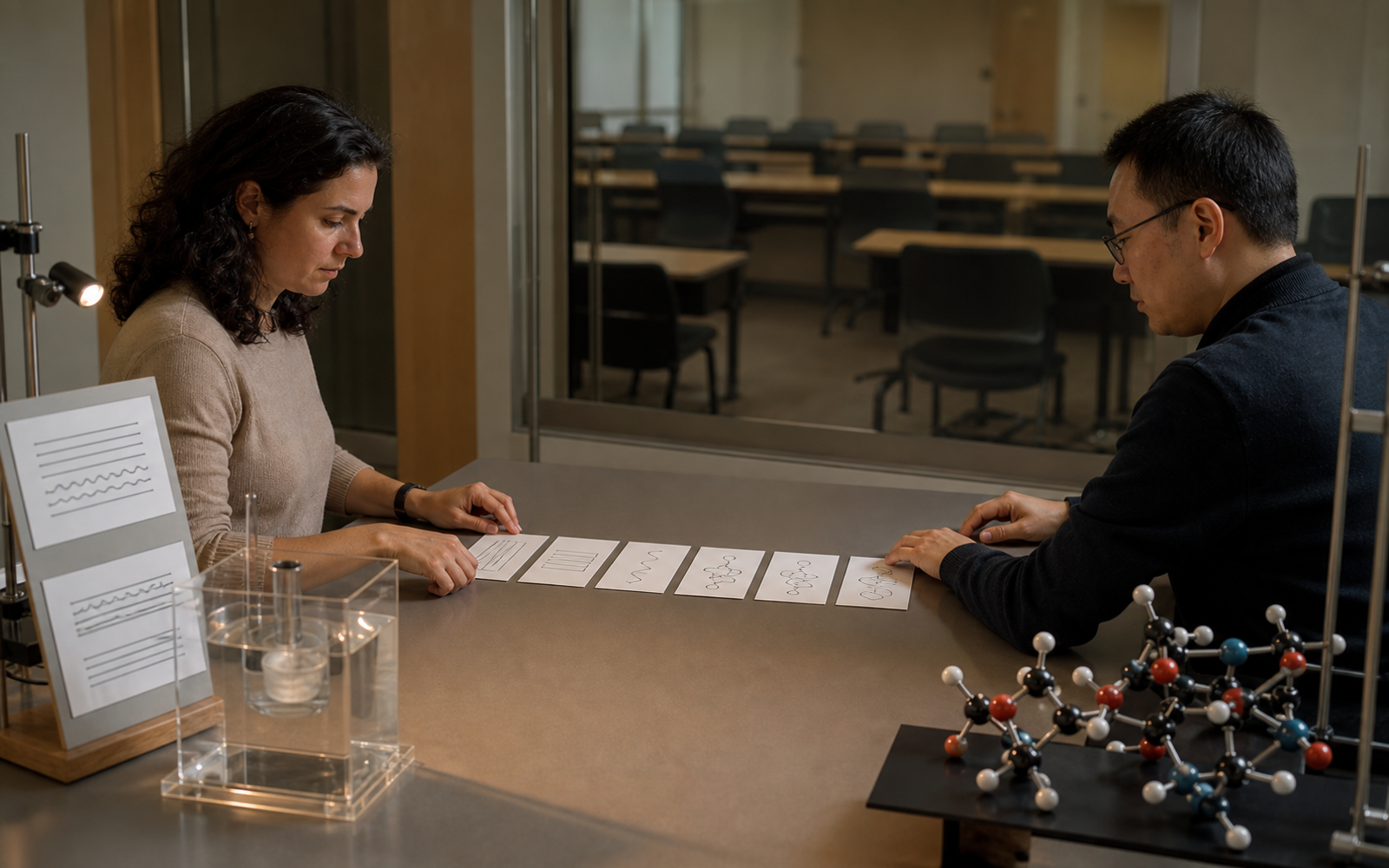 Two researchers sort six explanation cards beside separate reading-flow diagrams and molecular accuracy models in a laboratory