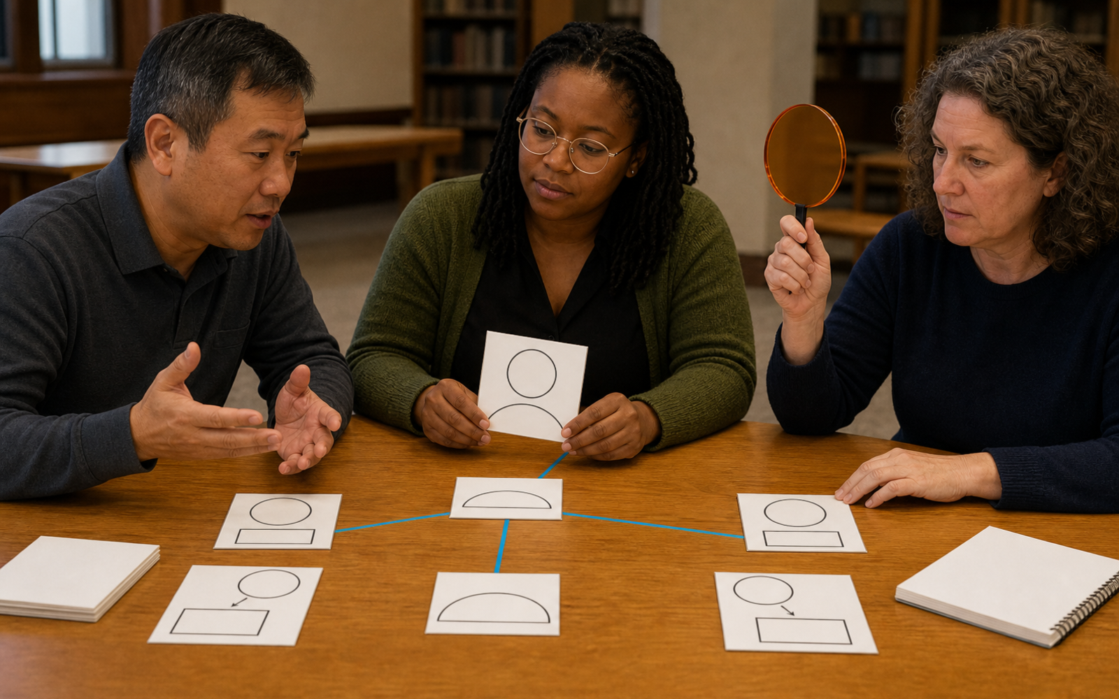 Three adult reviewers compare geometric claim and source tiles linked by cyan evidence paths while one raises an amber stop disc