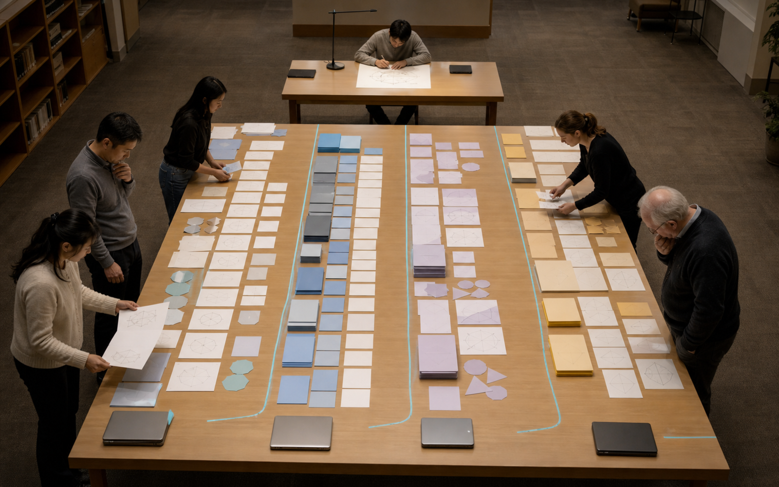 Researchers inspect four color-coded evidence lanes while an adult student completes a separate diagram task with laptops closed
