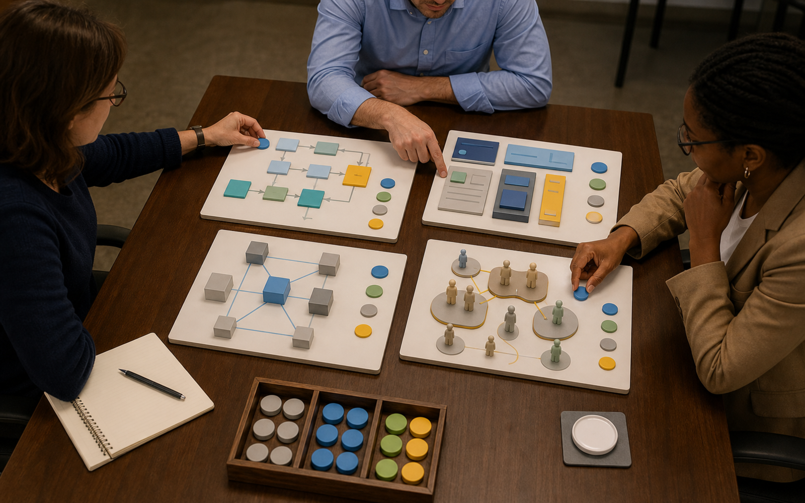 Three reviewers examine four distinct workflow, application, architecture, and governance evidence boards while a credential disc sits aside