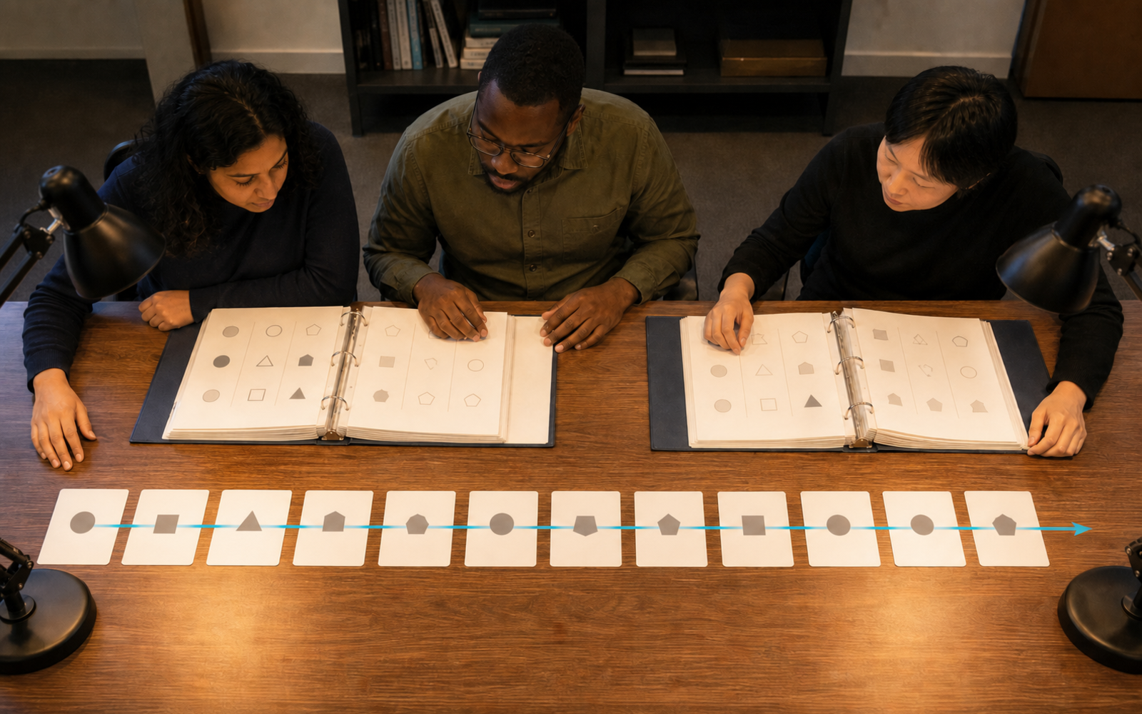 Three researchers compare two intact-class geometric evidence binders above a cyan timeline of exactly twelve unlabeled stage cards