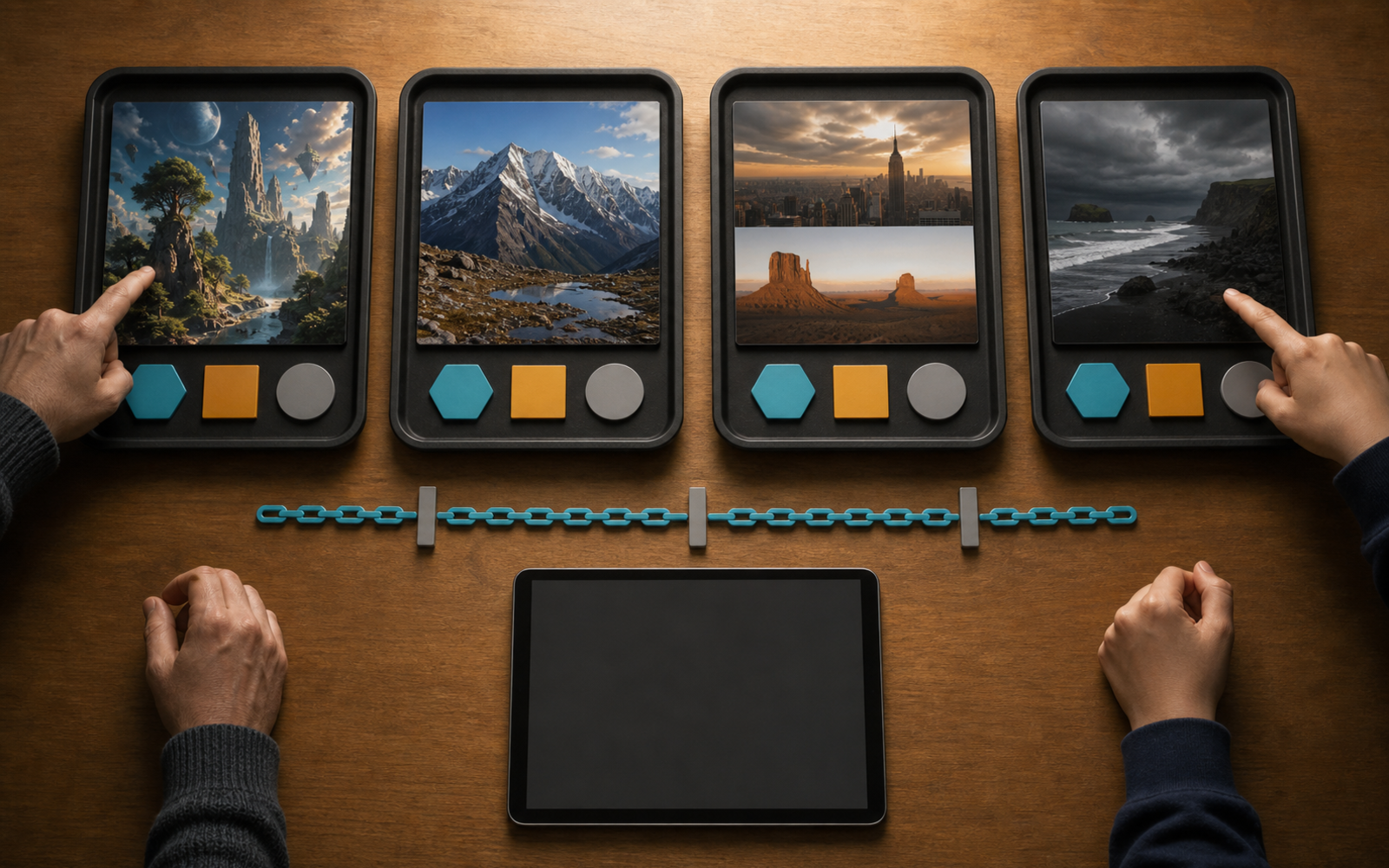 Teacher and student hands compare four media cases with separate cyan provenance, amber context, and gray human-judgment tokens