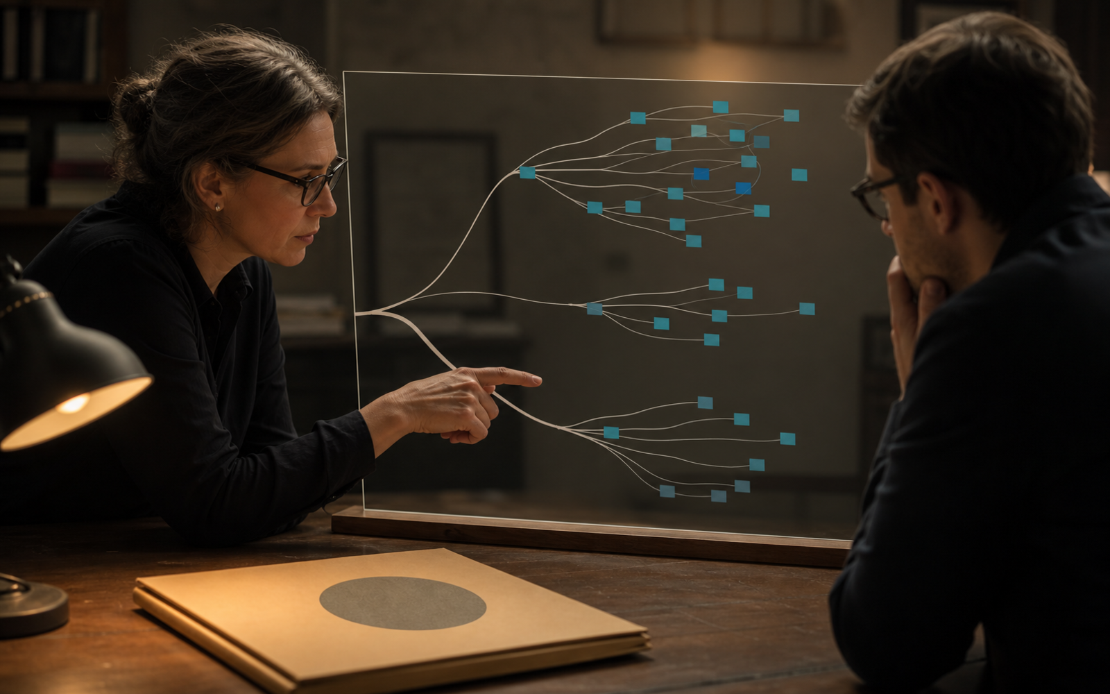 Two researchers inspect three uneven branches of cyan study tiles on a glass evidence map while an independent-assessment folder rests in front