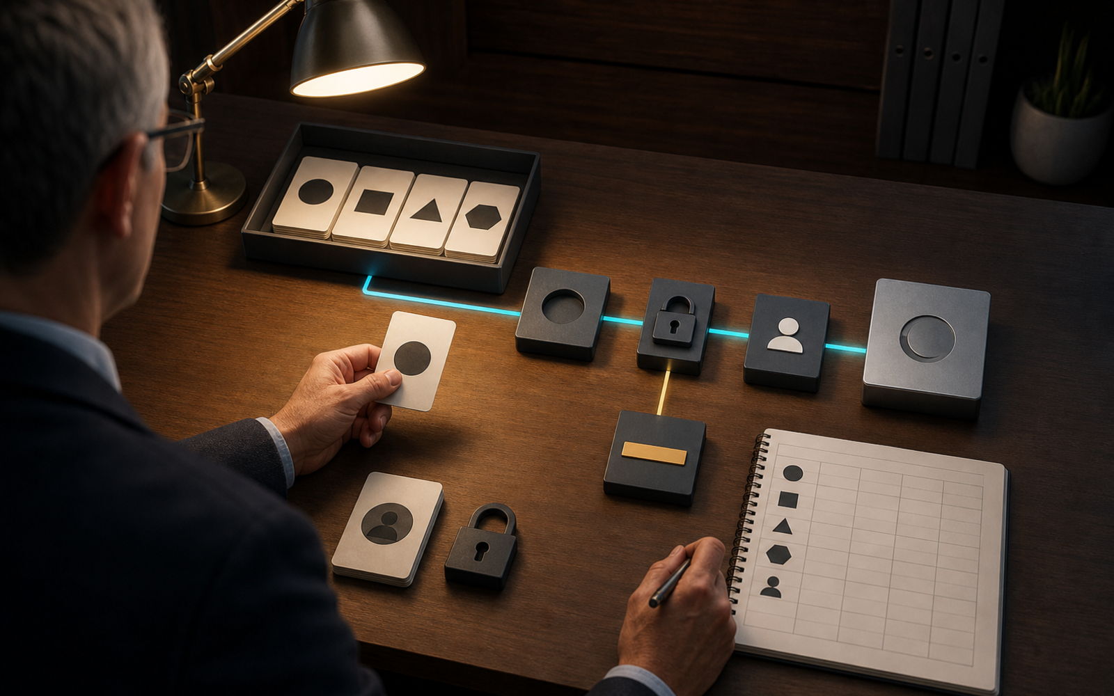 An administrator audits a geometric read-only path through scoped authorization, a locked identity token, and human approval while an amber write gate stays closed