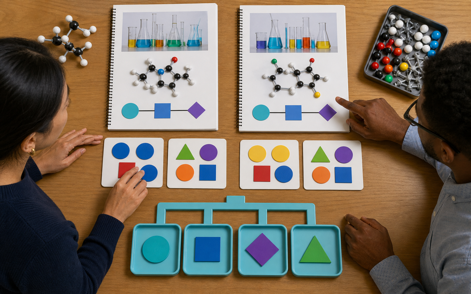 Two researchers compare two chemistry course portfolios, paired geometric response boards, and four neutral outcome trays on an evaluation table
