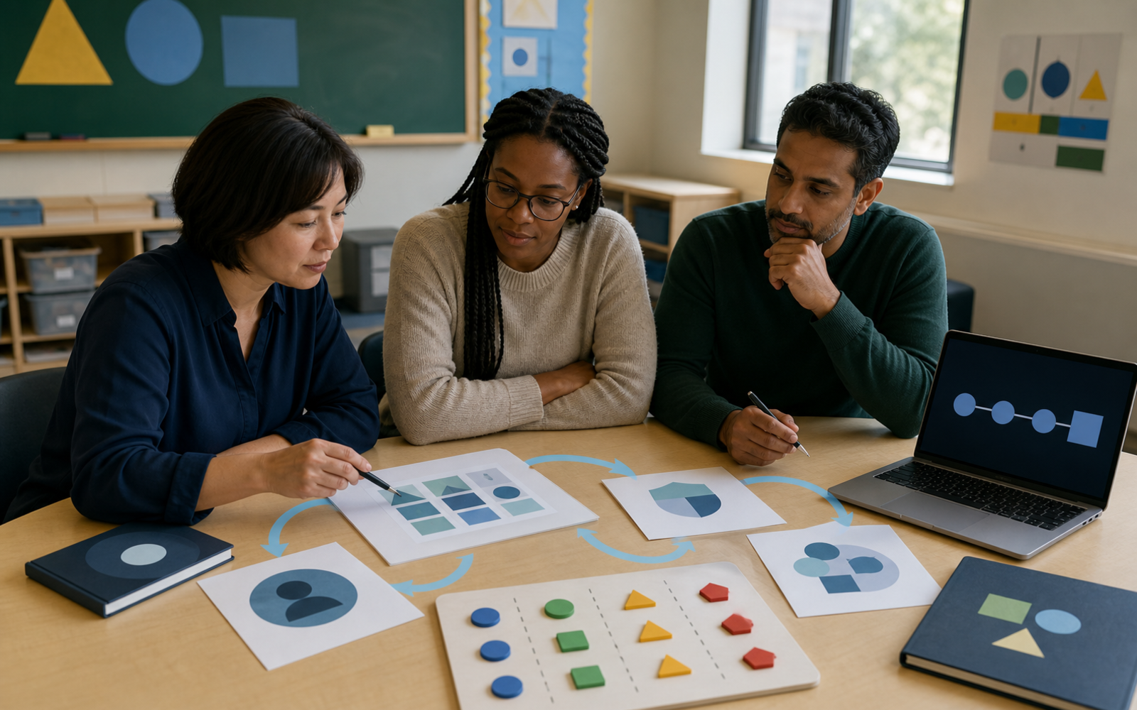 Three diverse educators review a lesson draft against geometric curriculum, privacy, accessibility, and revision evidence beside a text-free continuing-learning path