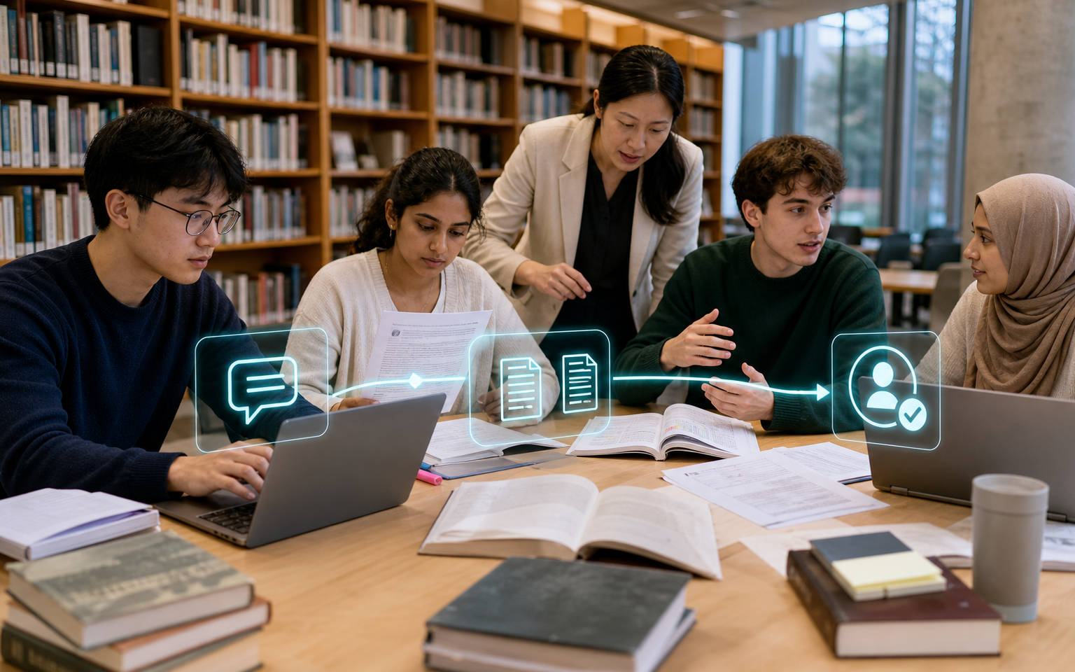 Four diverse university students practise prompting and source checking with an instructor at a library learning table