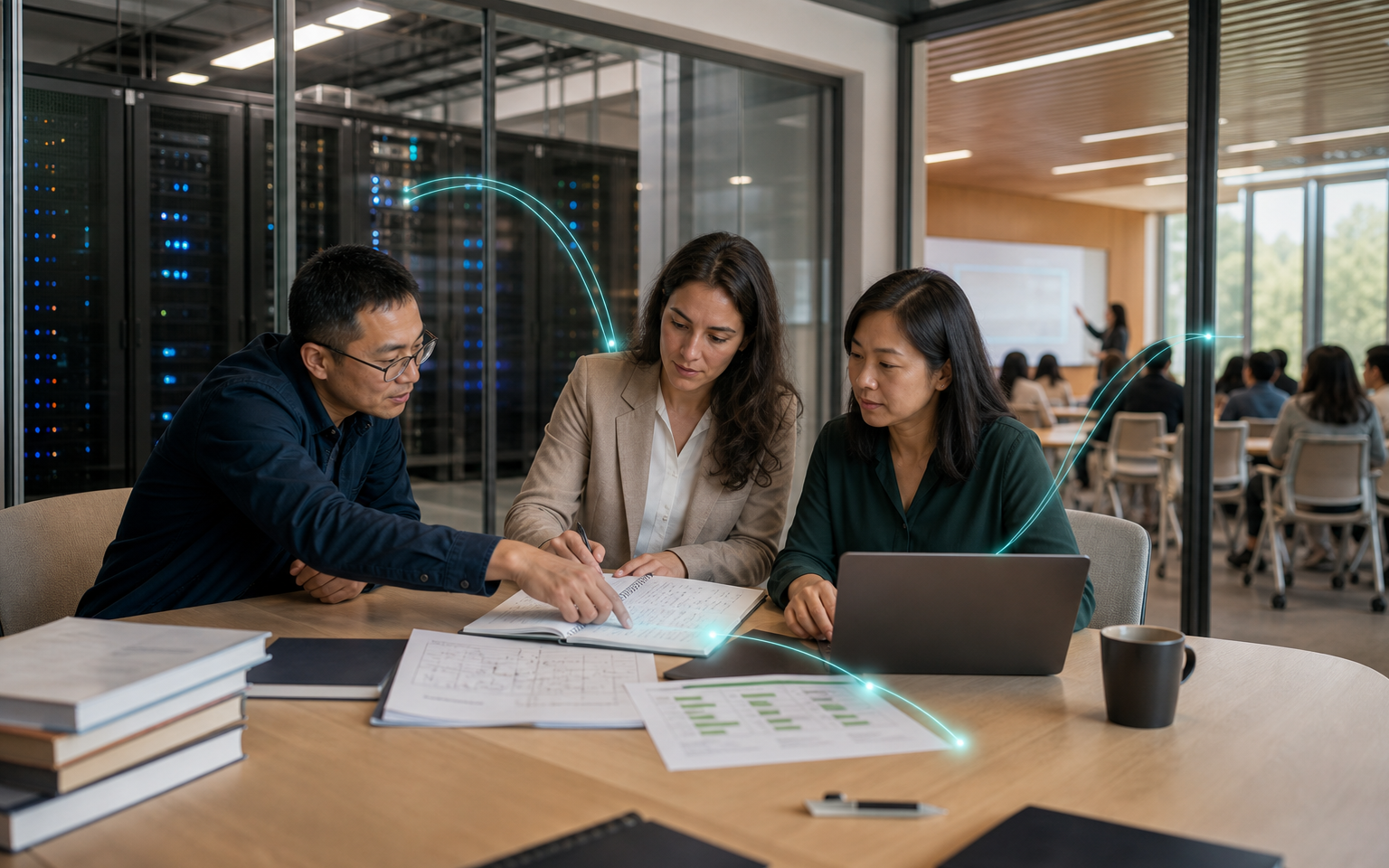 A university researcher, platform engineer, and educator review an AI workflow beside a glass-walled campus compute room and an active seminar classroom