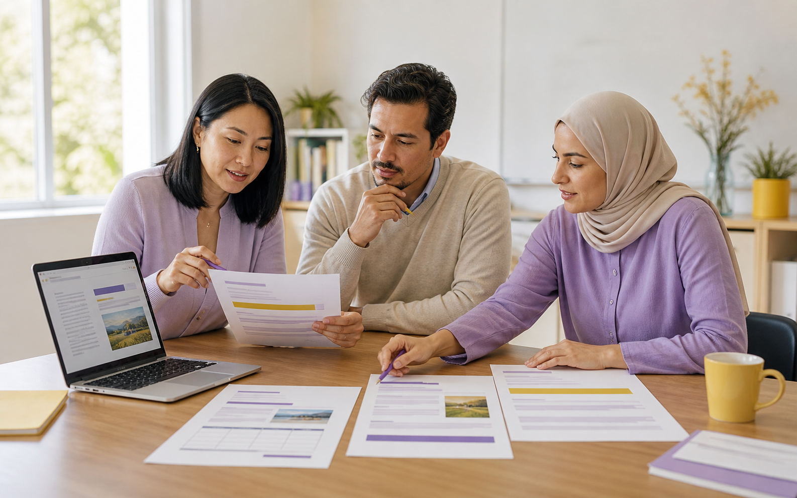 A multilingual teacher team refines a bilingual lesson document with source materials and formatting examples on a large classroom display